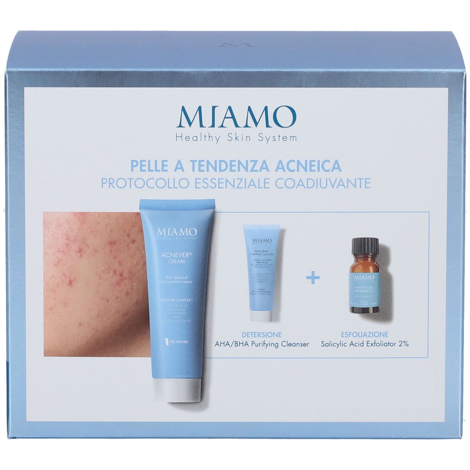 Confezione Miamo. Tre prodotti illustrati. Testi: Pelle a Tendenza Acneica, AHA/BHA Purifying Cleanser, Salicylic Acid Exfoliator 2%.