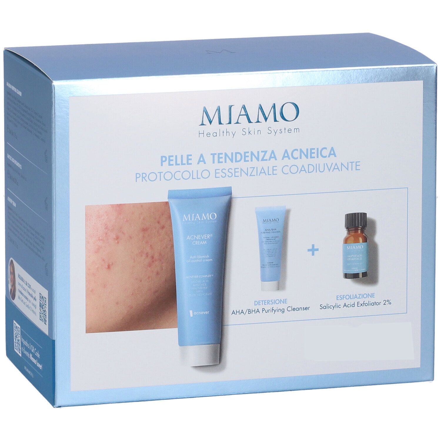 Confezione Miamo. Tre prodotti illustrati. Testi: Pelle a Tendenza Acneica, AHA/BHA Purifying Cleanser, Salicylic Acid Exfoliator 2%.