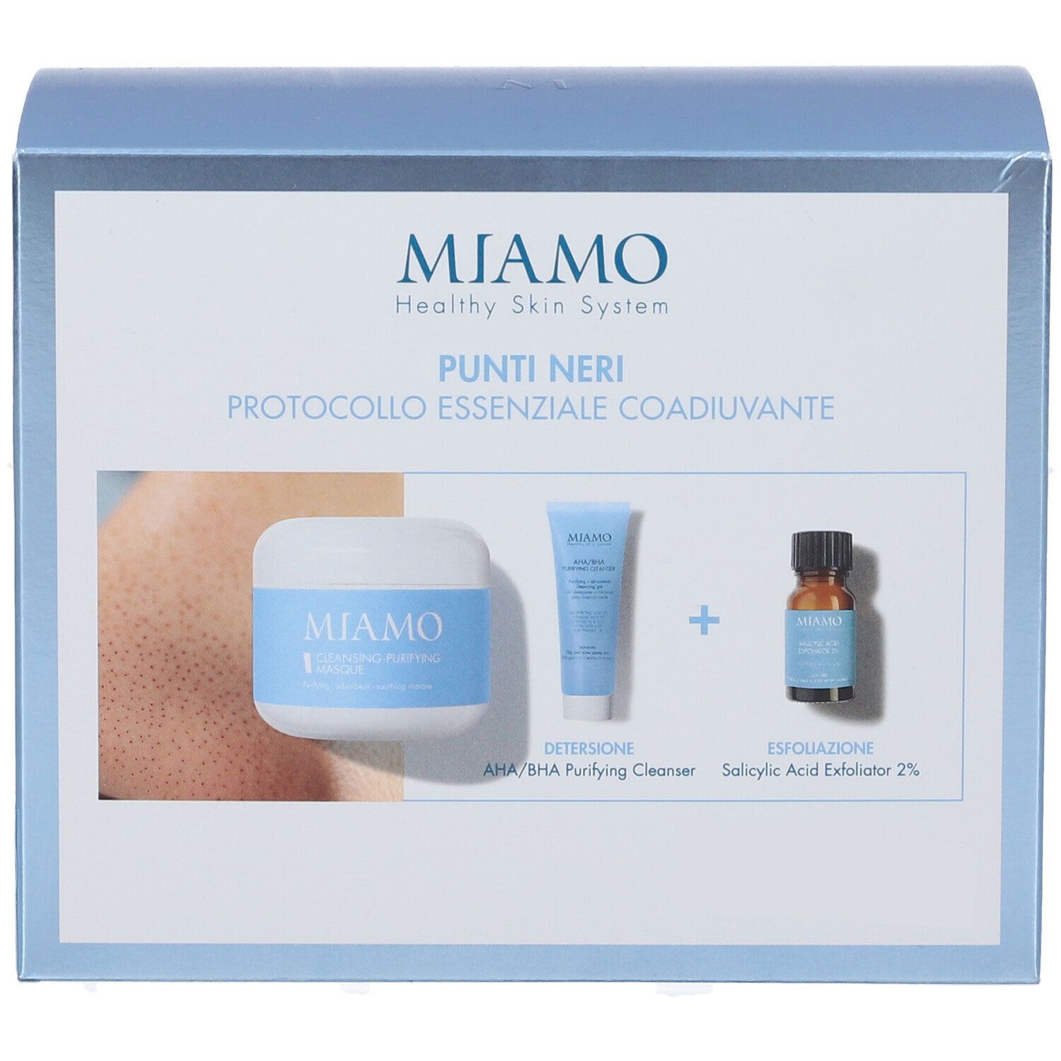 Confezione Miamo con crema, tubo e flacone. Scritta: Punti Neri, Protocollo Essenziale Coadiuvante. Nomi dei prodotti visibili.
