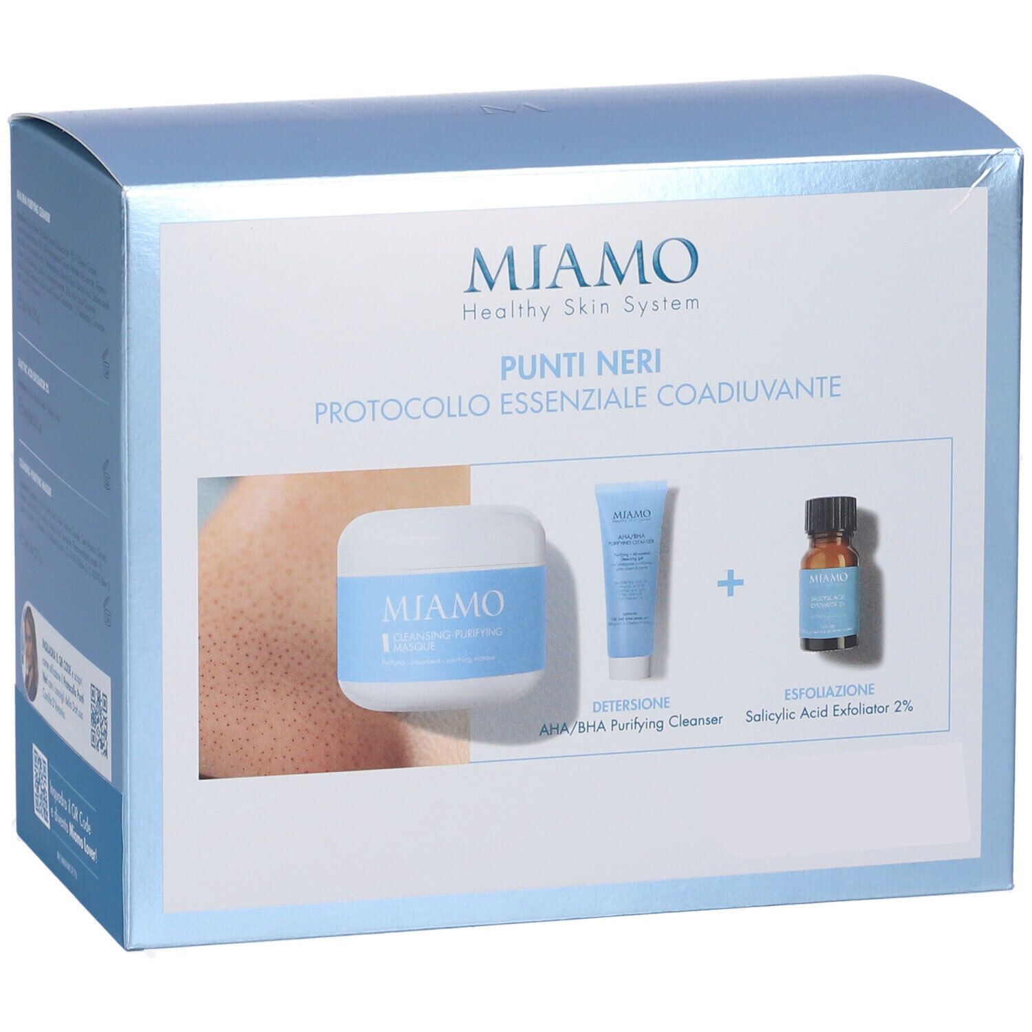 Confezione Miamo con crema, tubo e flacone. Scritta: Punti Neri, Protocollo Essenziale Coadiuvante. Nomi dei prodotti visibili.