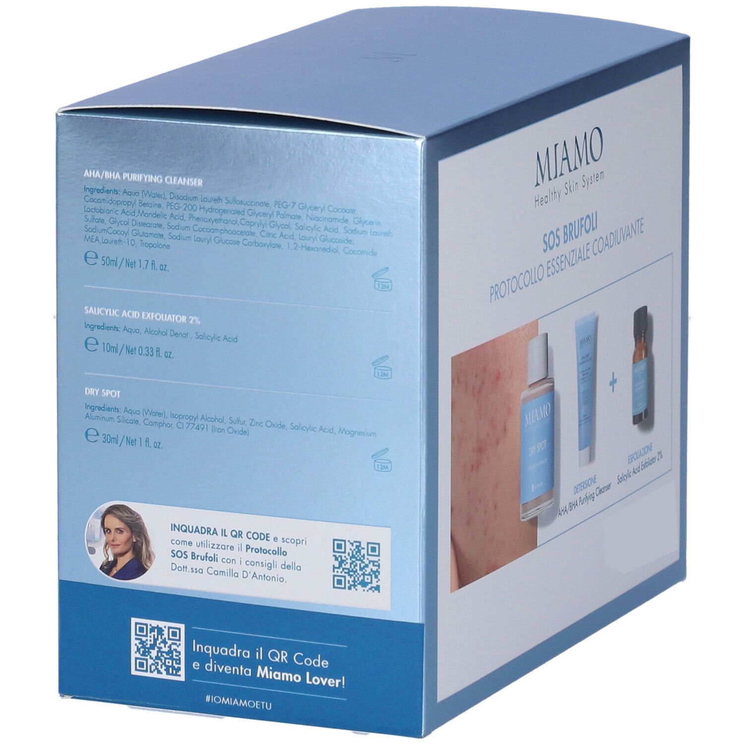 Retro della confezione. Contiene informazioni sul prodotto e codici QR. Testo: Miamo SOS Brufoli.