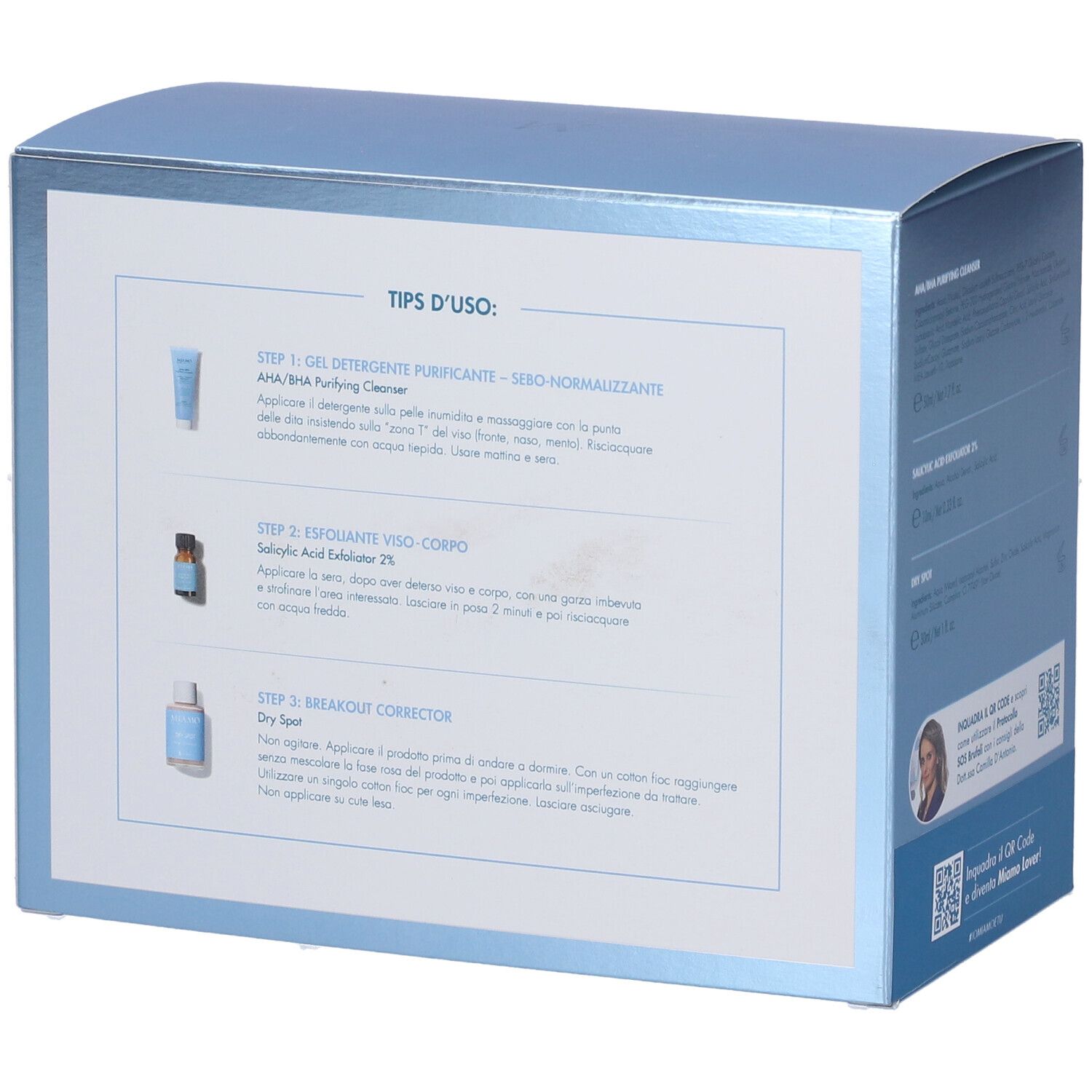 Retro della confezione con istruzioni per l'uso. Testo: Miamo SOS Brufoli.