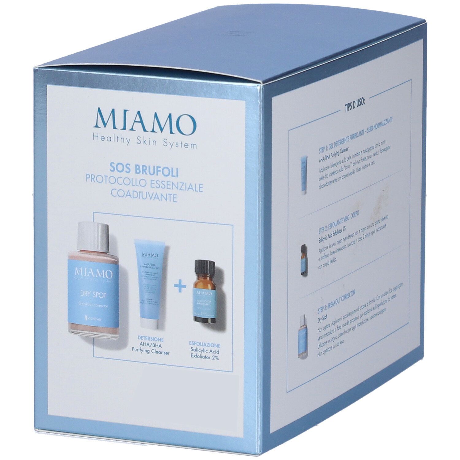 Confezione in cartone con immagini dei prodotti. Contiene flacone, tubo e boccetta. Testo: Miamo SOS Brufoli.