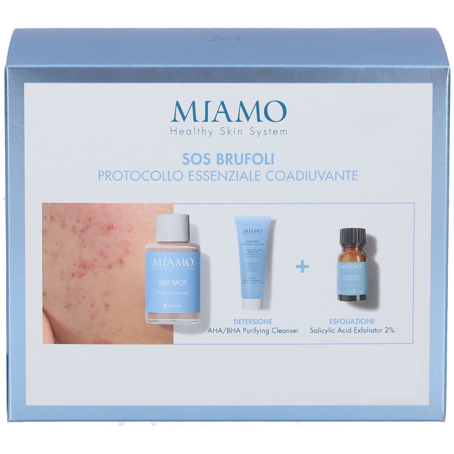 Confezione in cartone con immagini dei prodotti. Contiene flacone, tubo e boccetta. Testo: Miamo SOS Brufoli.