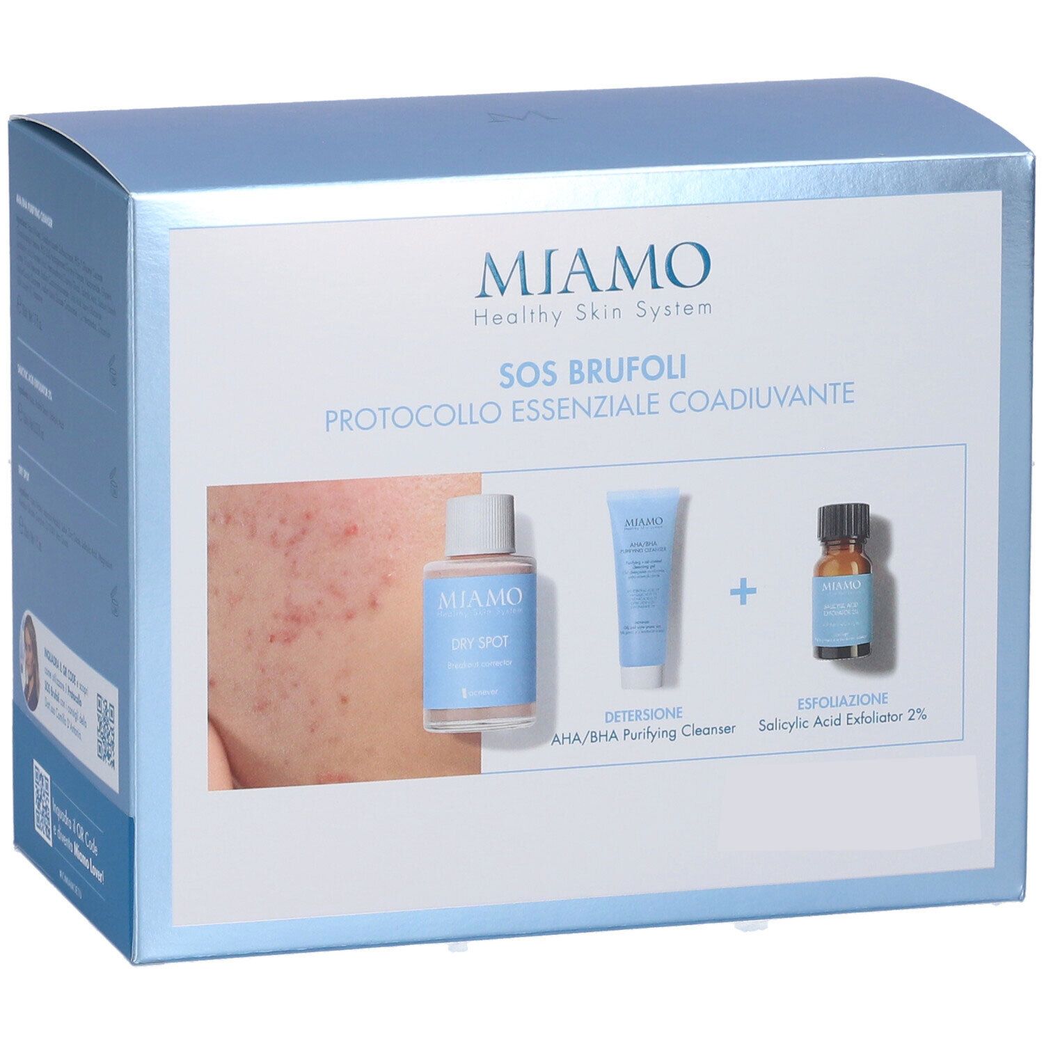Confezione in cartone con immagini dei prodotti. Contiene flacone, tubo e boccetta. Testo: Miamo SOS Brufoli.