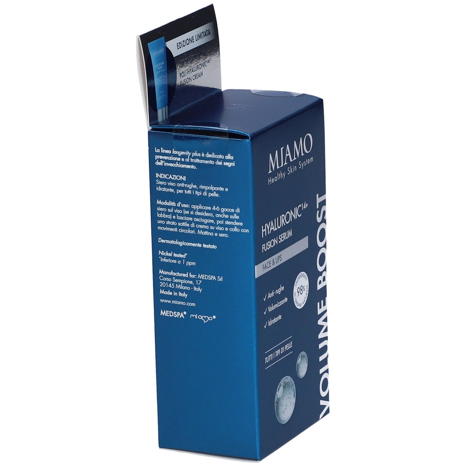 Confezione blu. Contiene MIAMO Hyaluronic14+ Fusion Serum. Testo con ingredienti e informazioni produttore.