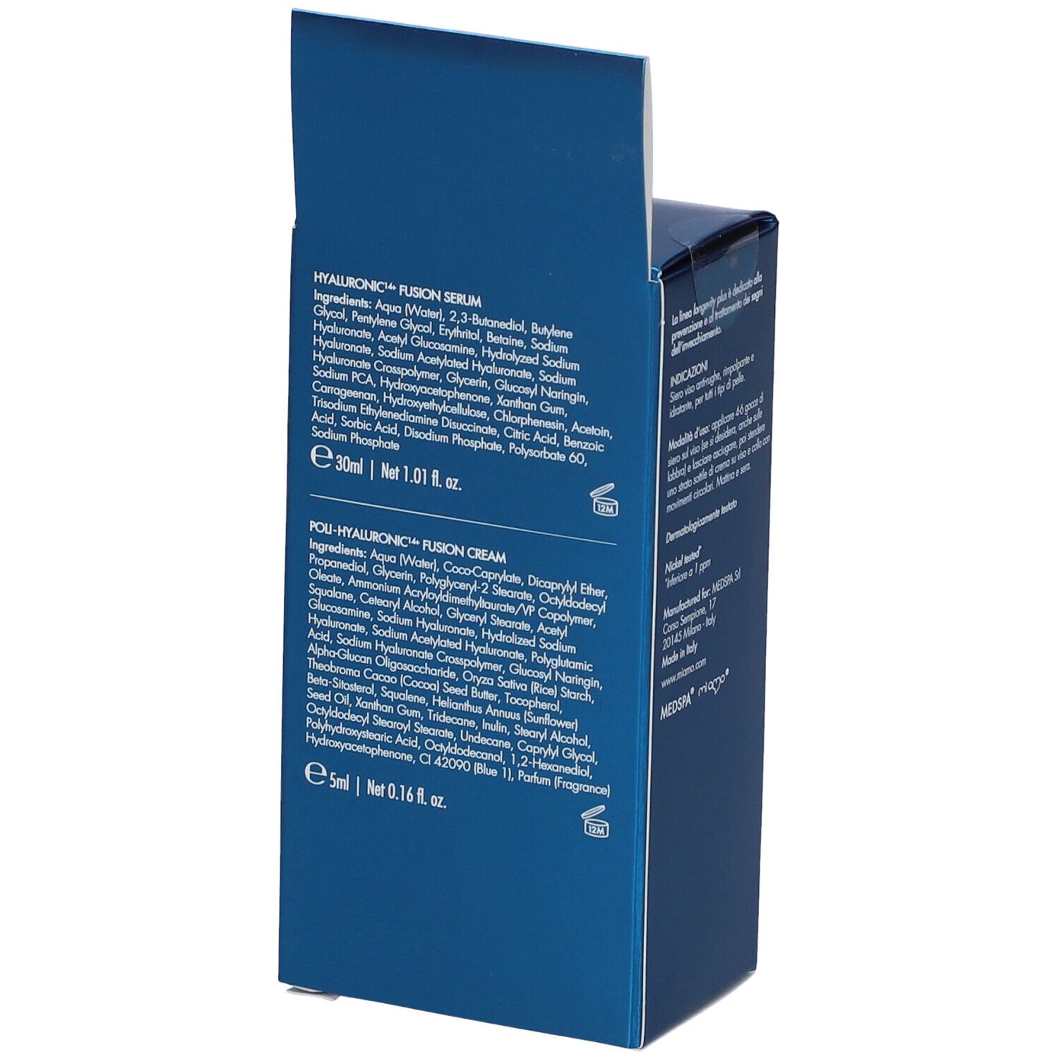 Confezione blu. Contiene MIAMO Hyaluronic14+ Fusion Serum e Fusion Cream. Testo con elenco ingredienti.