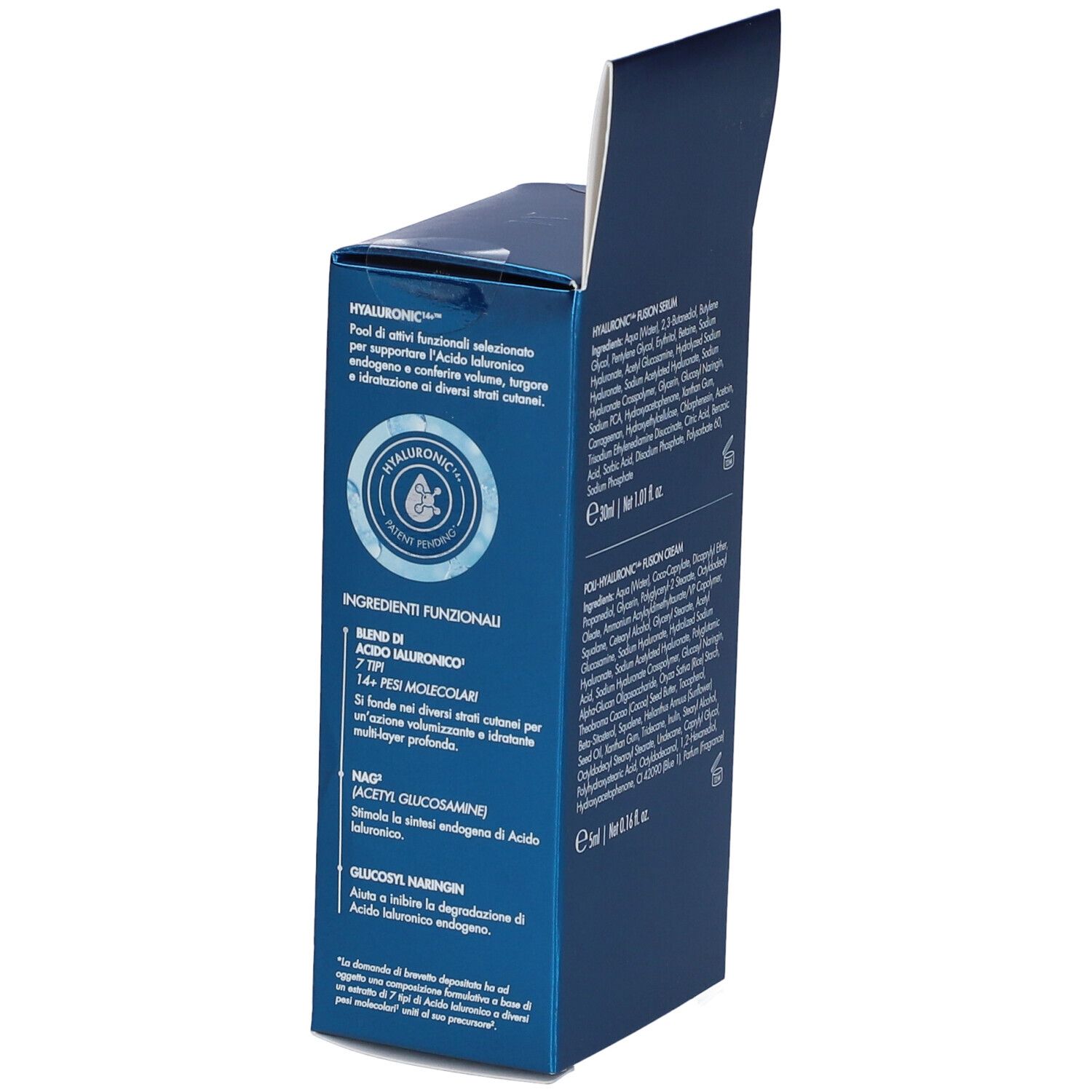 Confezione blu. Contiene MIAMO Hyaluronic14+ Fusion Serum. Testo con ingredienti e principi attivi.
