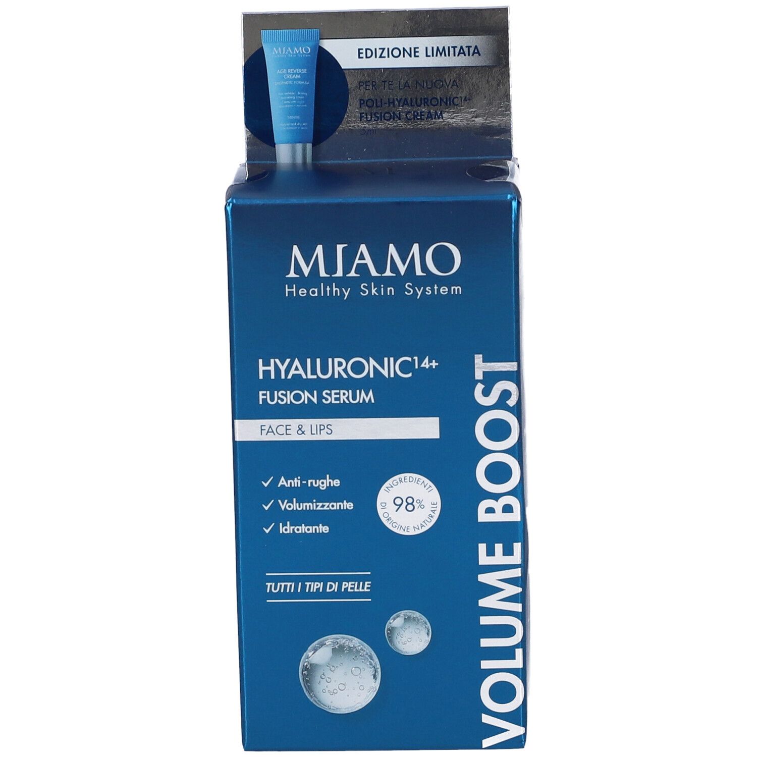 Confezione blu. Contiene MIAMO Hyaluronic14+ Fusion Serum. Con Fusion Cream in OMAGGIO. Volume Boost.
