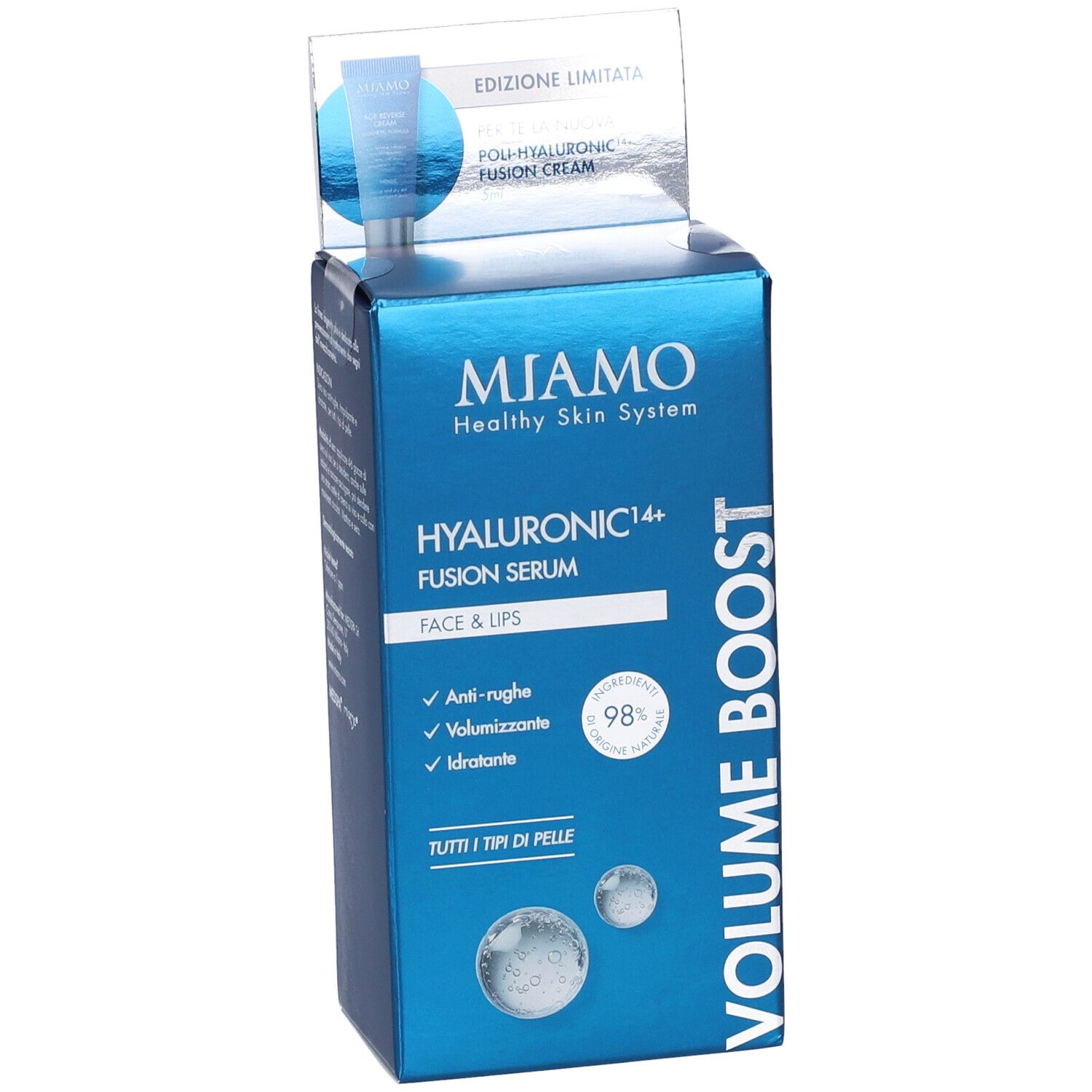 Confezione blu. Contiene MIAMO Hyaluronic14+ Fusion Serum. Con Fusion Cream in OMAGGIO. Volume Boost.