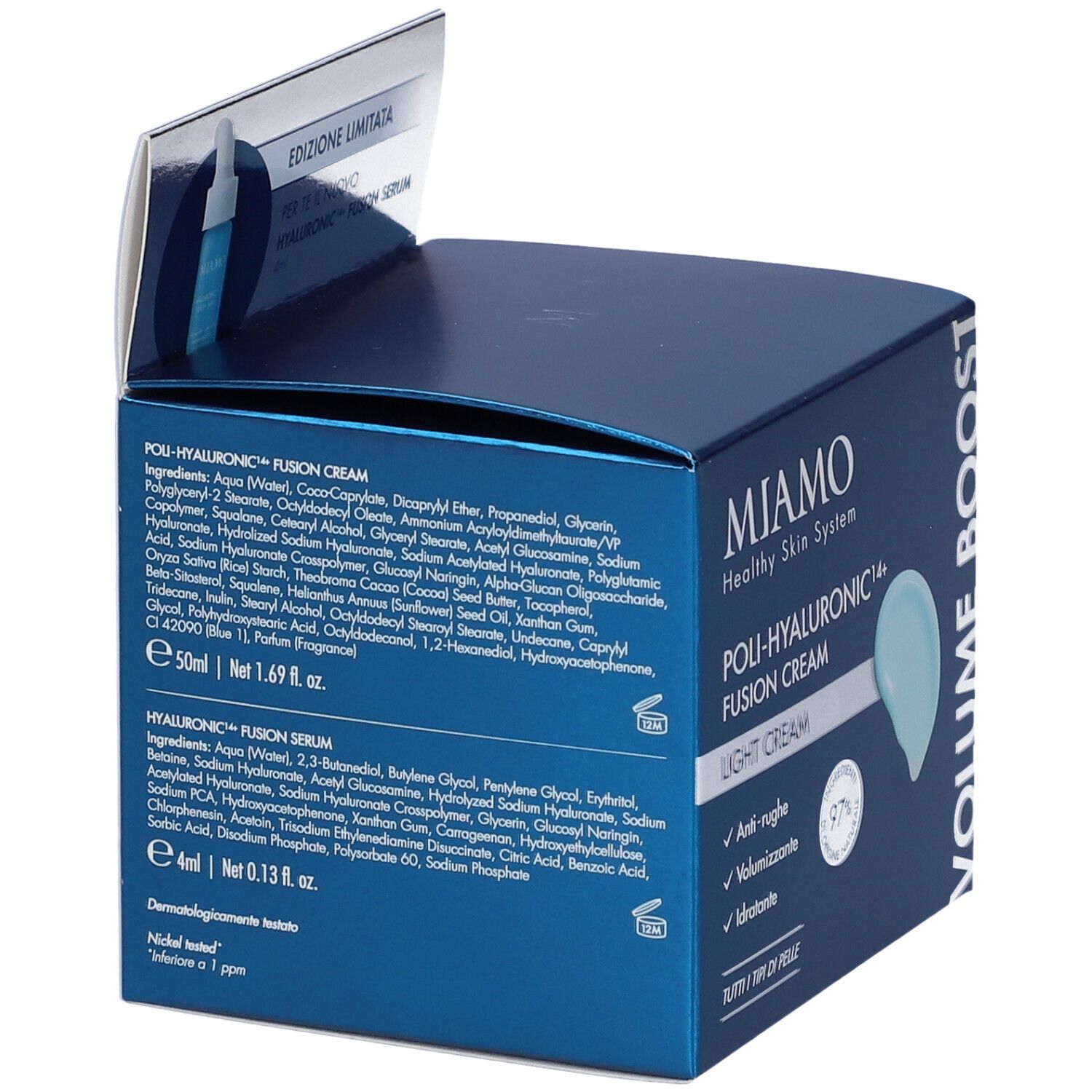 Retro della confezione del prodotto. Elenco degli ingredienti di Fusion Cream e Siero. Logo MIAMO e nome del prodotto.