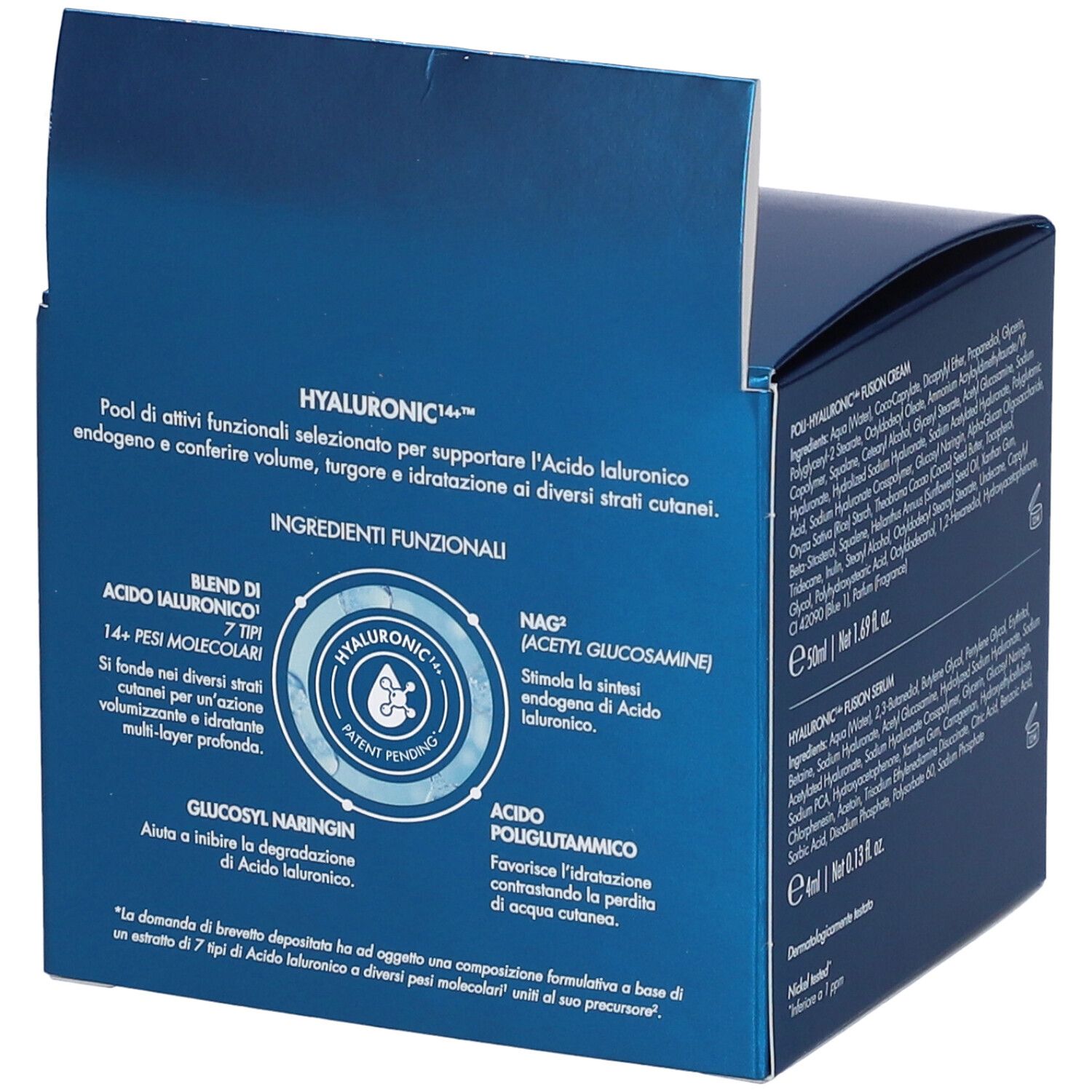 Interno della confezione del prodotto. Diagrammi e testo sull'acido ialuronico. Nome del prodotto e logo MIAMO.