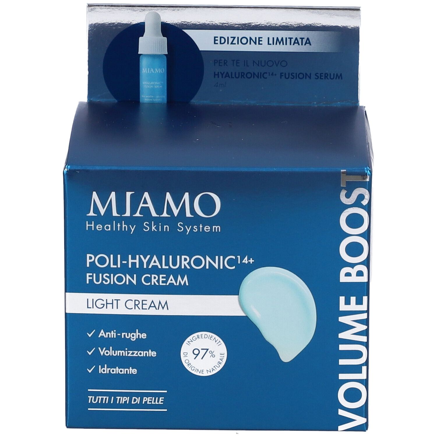 Confezione del prodotto con siero. Logo MIAMO e nome del prodotto. Fusion Cream con siero in OMAGGIO. Testo: Anti-rughe, volumizzante, idratante.