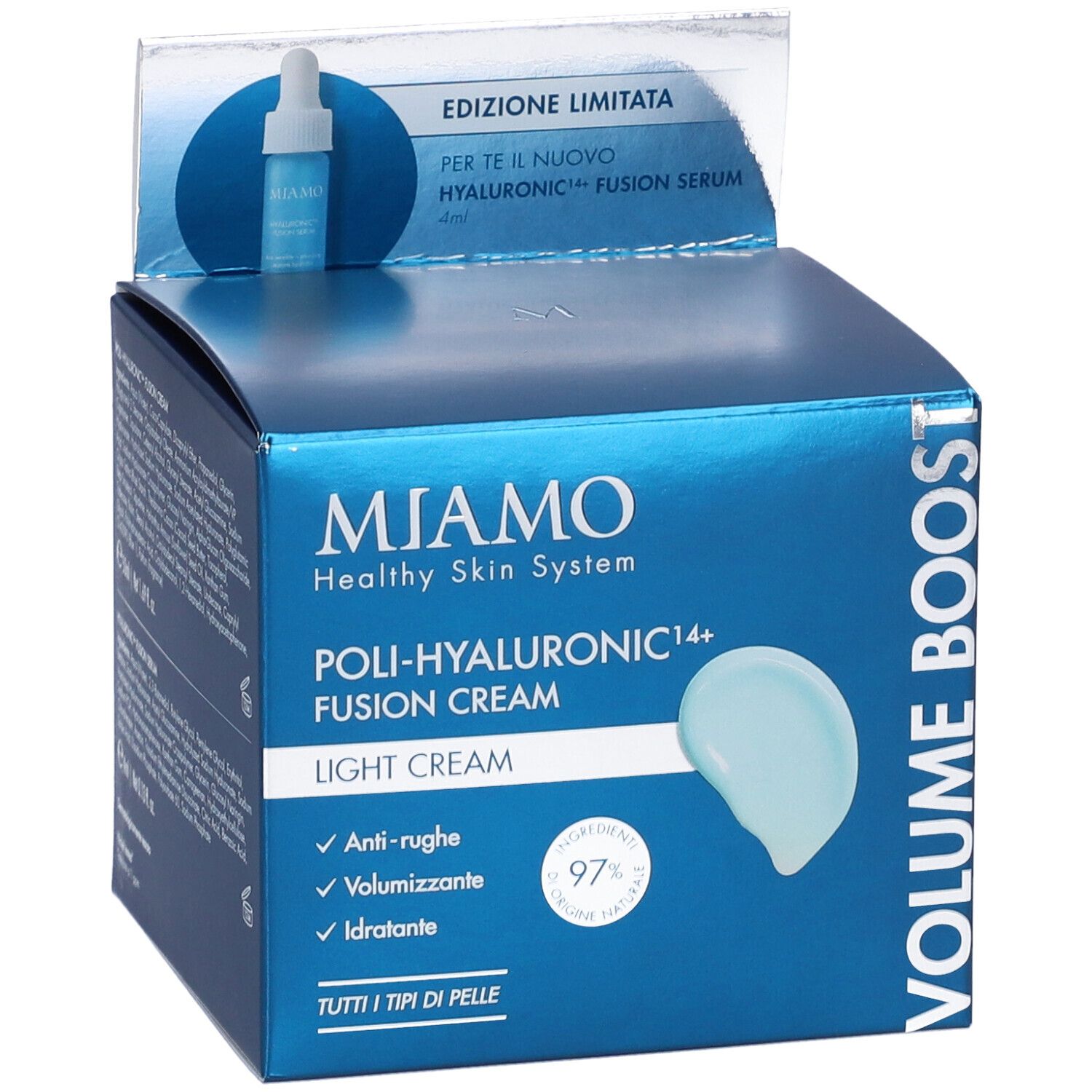 Confezione del prodotto con siero. Logo MIAMO e nome del prodotto. Fusion Cream con siero in OMAGGIO. Testo: Anti-rughe, volumizzante, idratante.