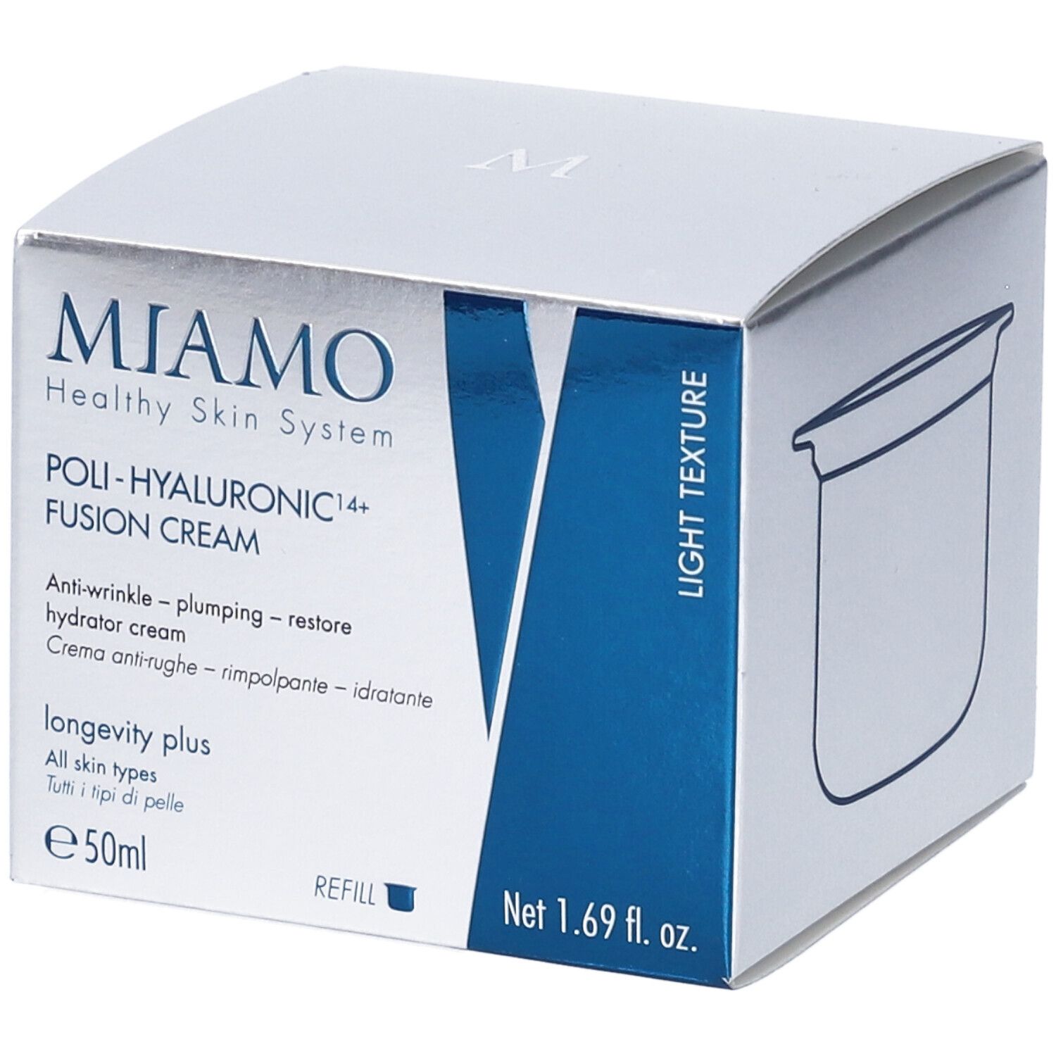 Confezione con nome prodotto MIAMO Poli-Hyaluronic 14+ Fusion Cream. Testo, grafica, accenti blu.