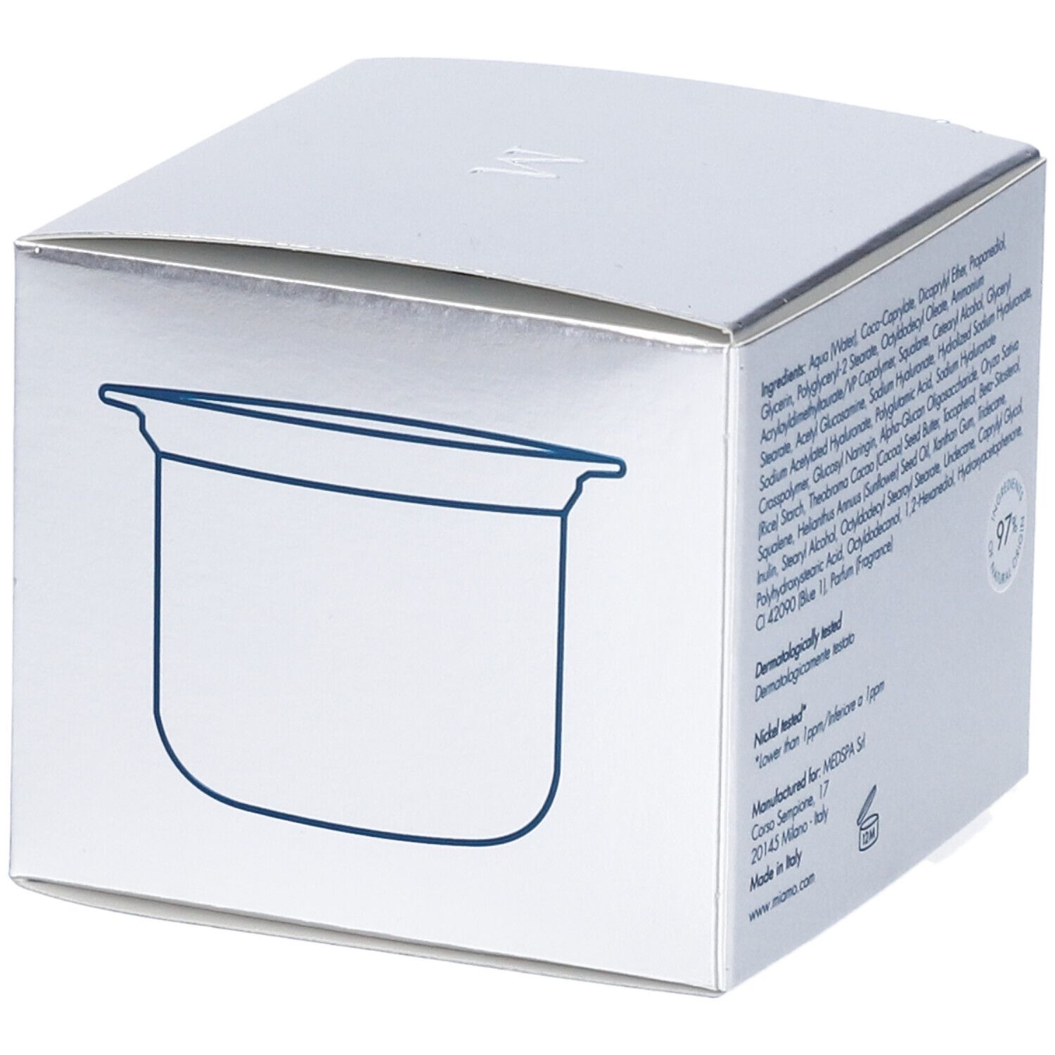 Confezione con rappresentazione grafica del refill. Testo, contorno blu.