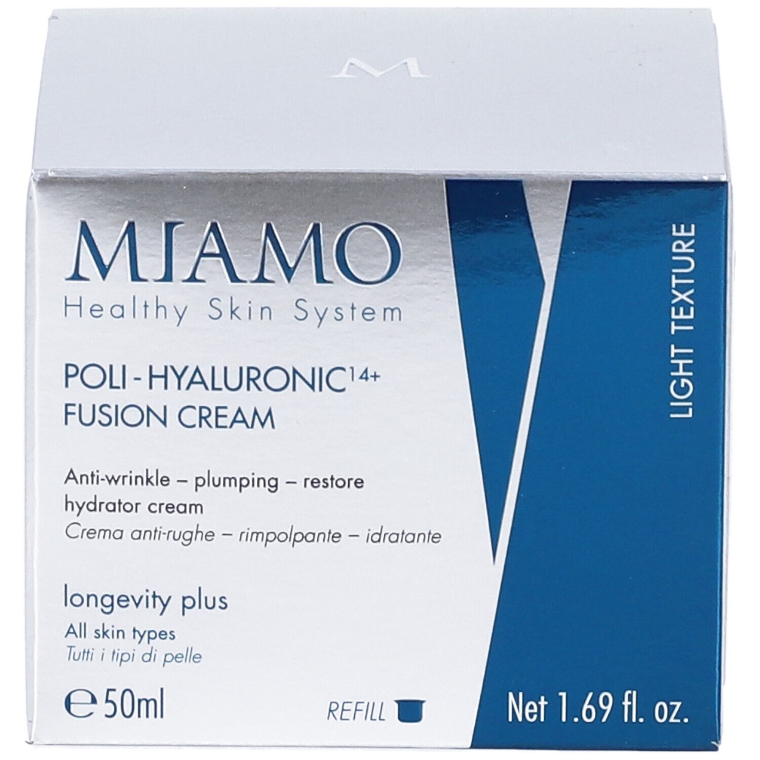 Confezione con nome prodotto MIAMO Poli-Hyaluronic 14+ Fusion Cream. Testo, grafica, accenti blu.