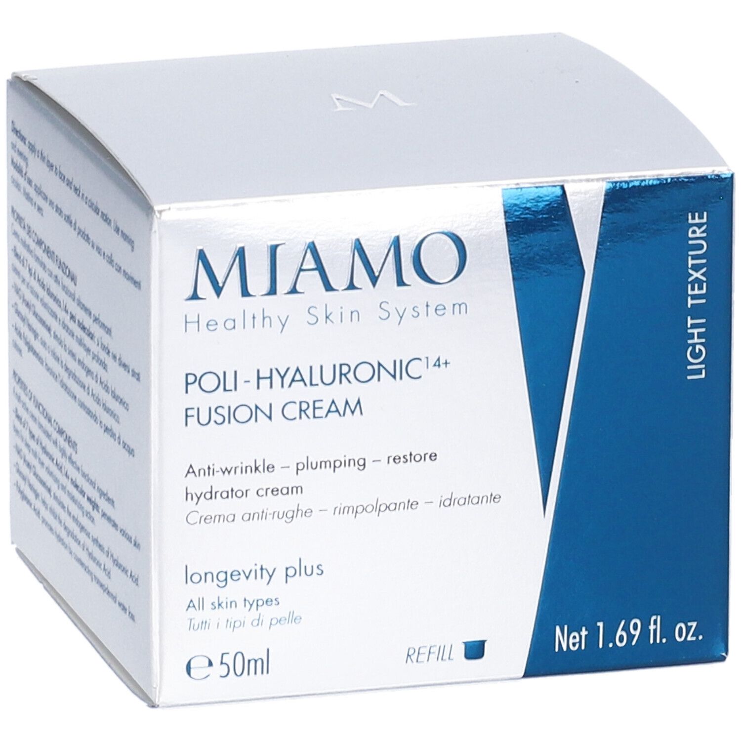 Confezione con nome prodotto MIAMO Poli-Hyaluronic 14+ Fusion Cream. Testo, grafica, accenti blu.