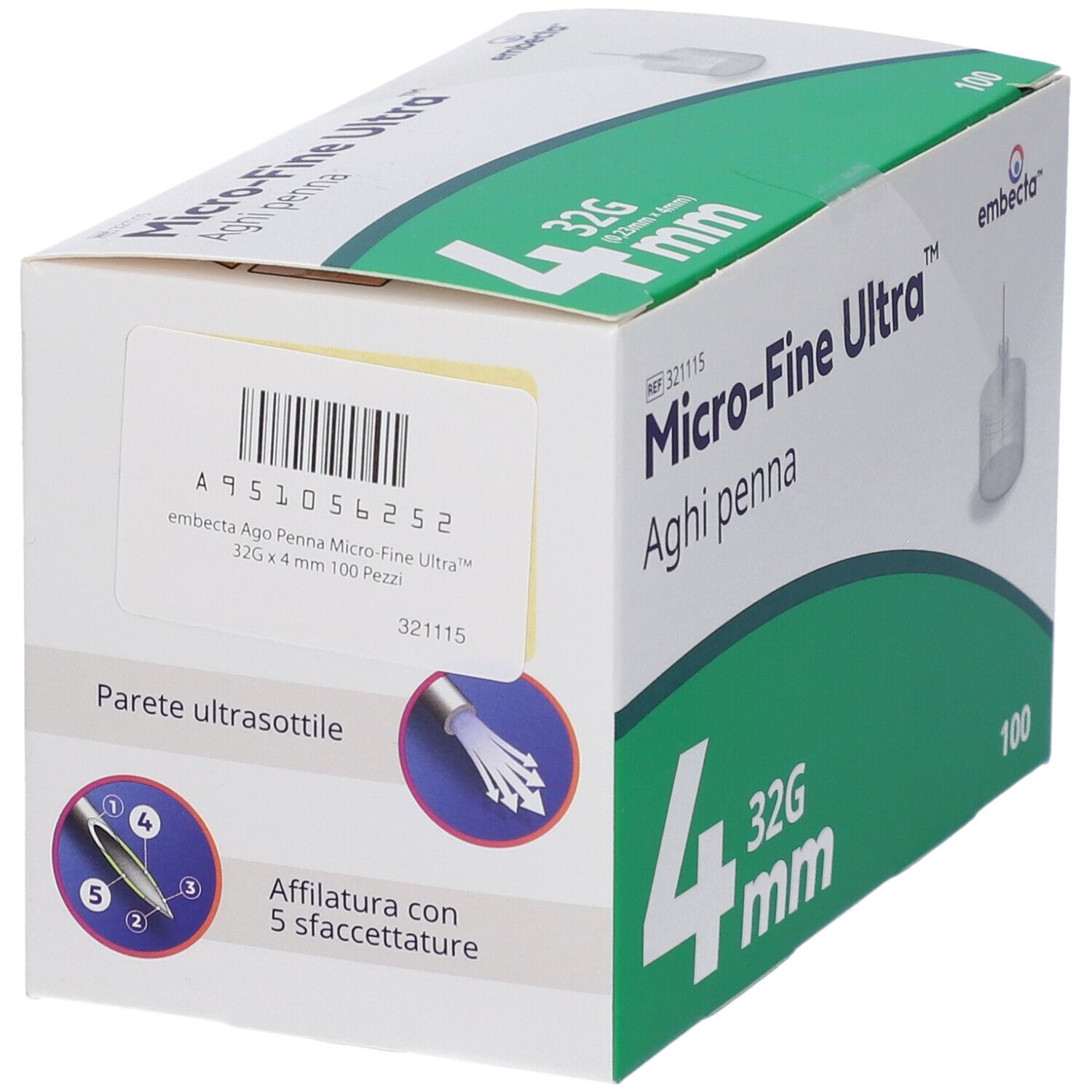Confezione da 100 aghi per penna insulina Embecta Micro-Fine Ultra 32G 4mm, vista laterale.