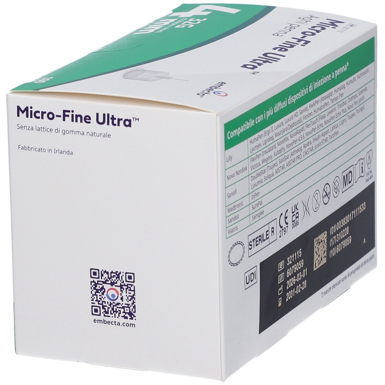 Confezione aghi per penna insulina Embecta Micro-Fine Ultra, con QR code e info produttore.