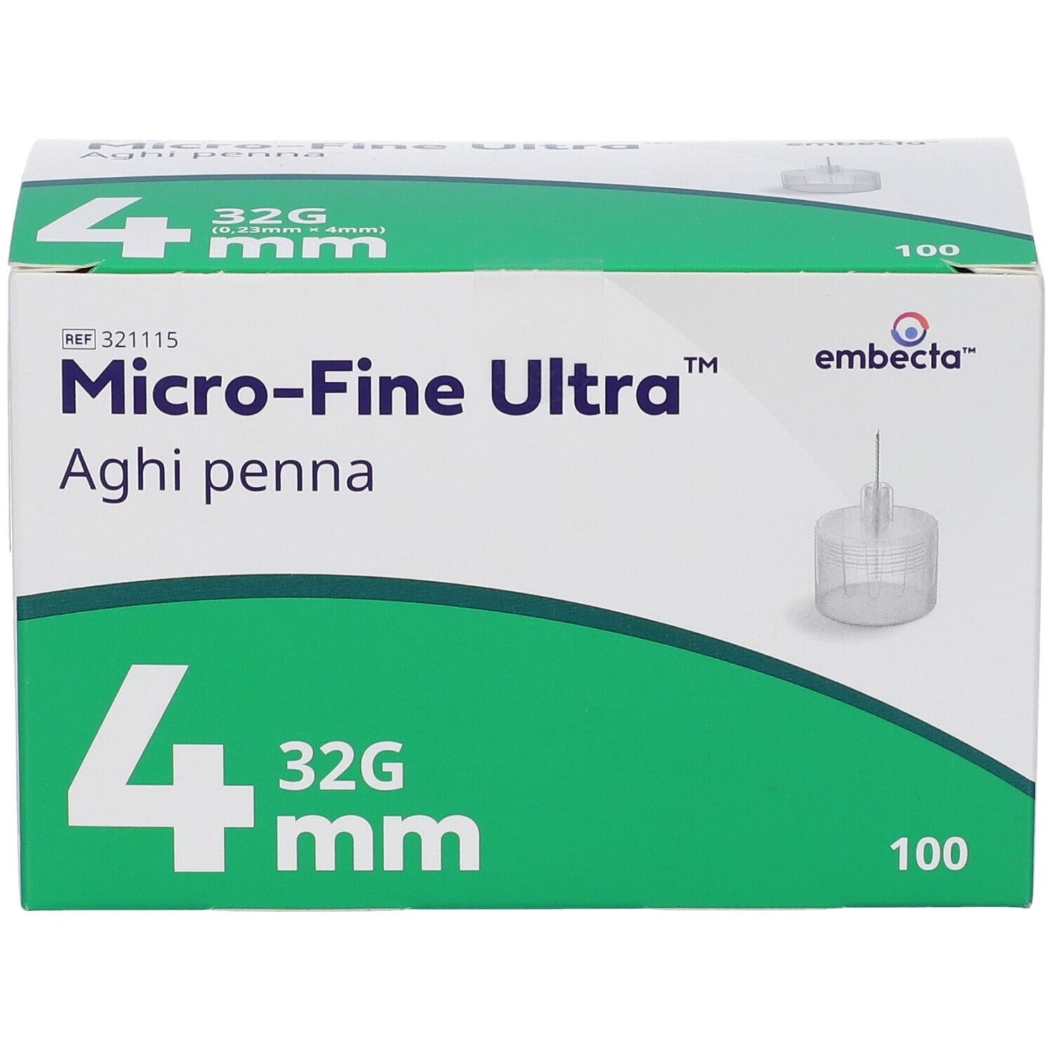 Confezione da 100 aghi per penna insulina Embecta Micro-Fine Ultra 32G 4mm, vista frontale.