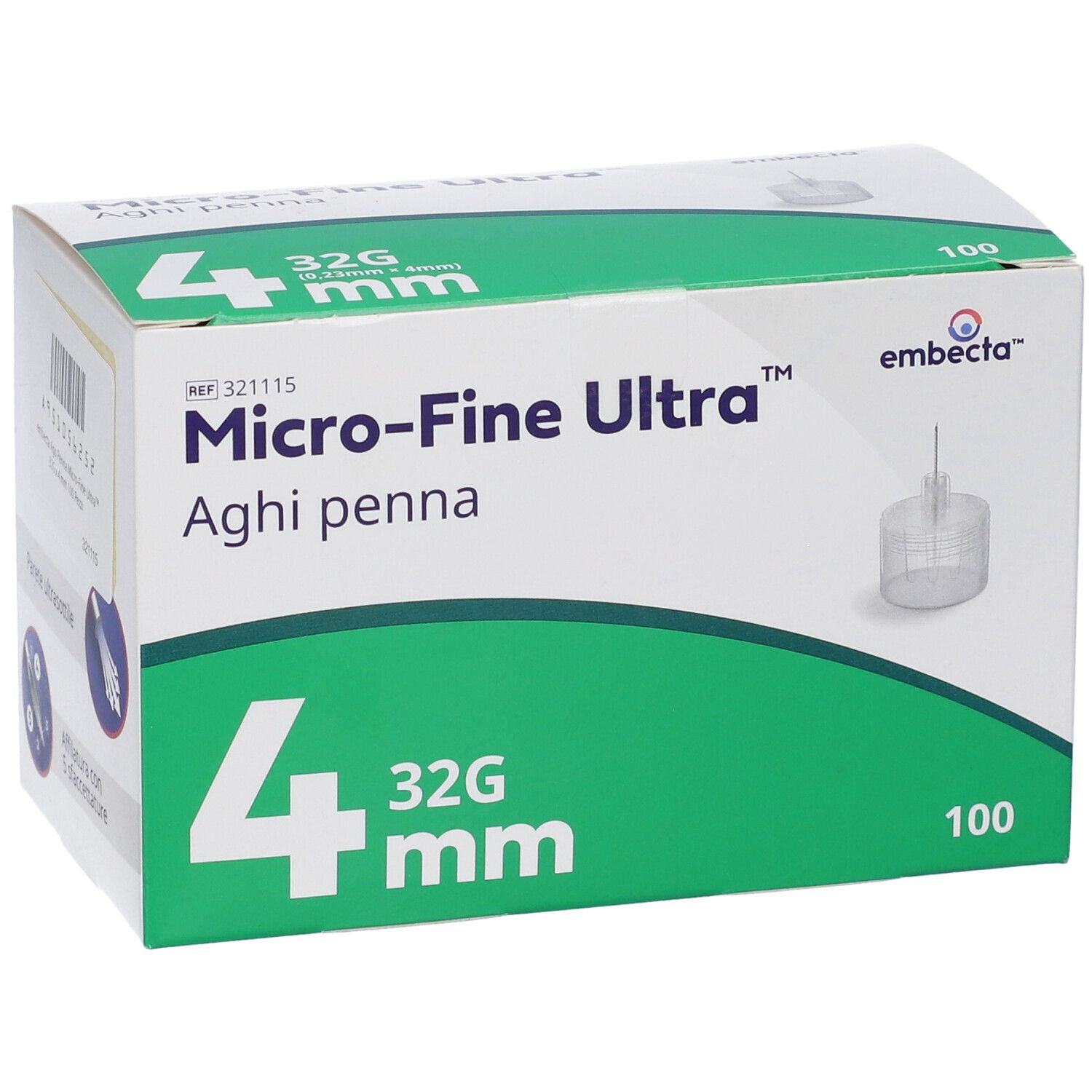 Confezione da 100 aghi per penna insulina Embecta Micro-Fine Ultra 32G 4mm, vista frontale obliqua.