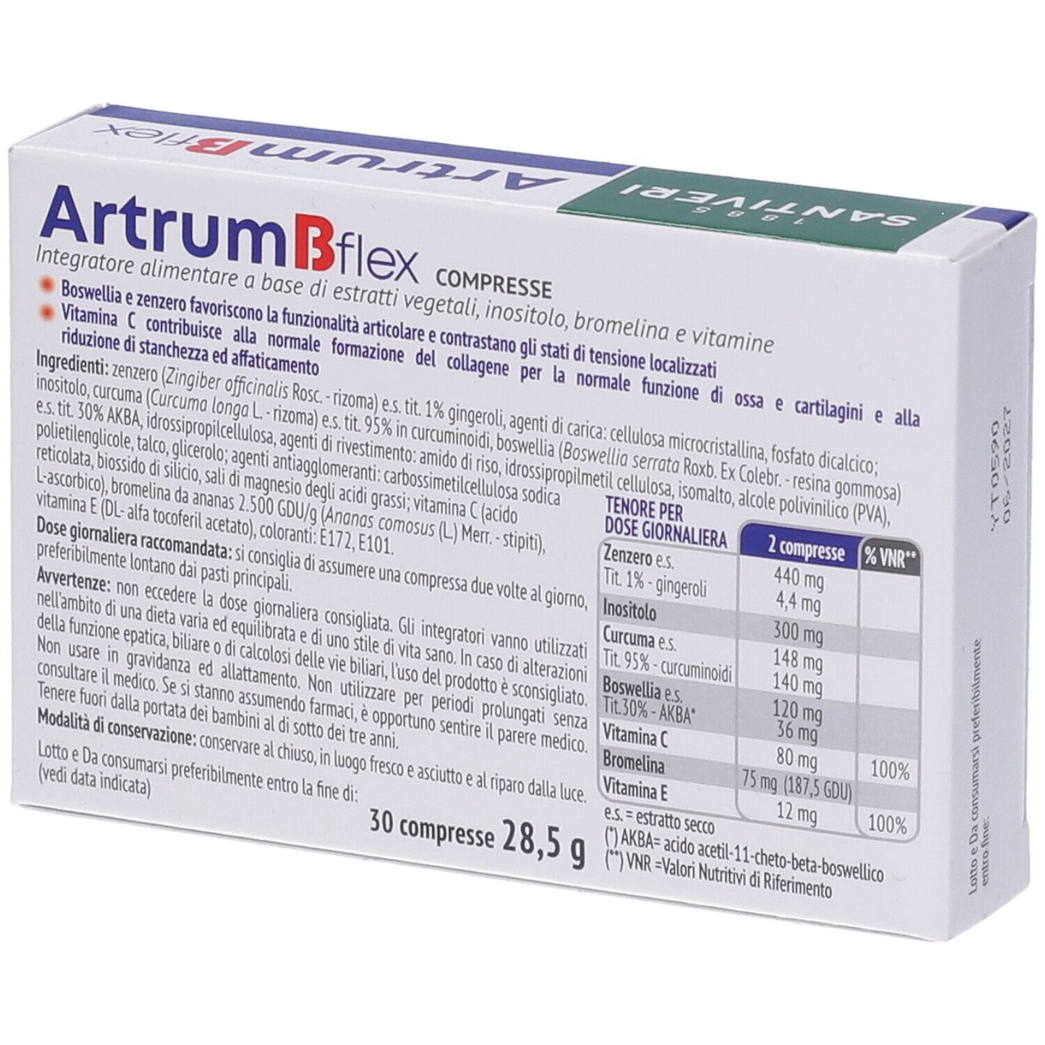 Retro della scatola ArtrumB Flex Compresse. Contiene ingredienti, dosaggio e informazioni nutrizionali. Testo in italiano.
