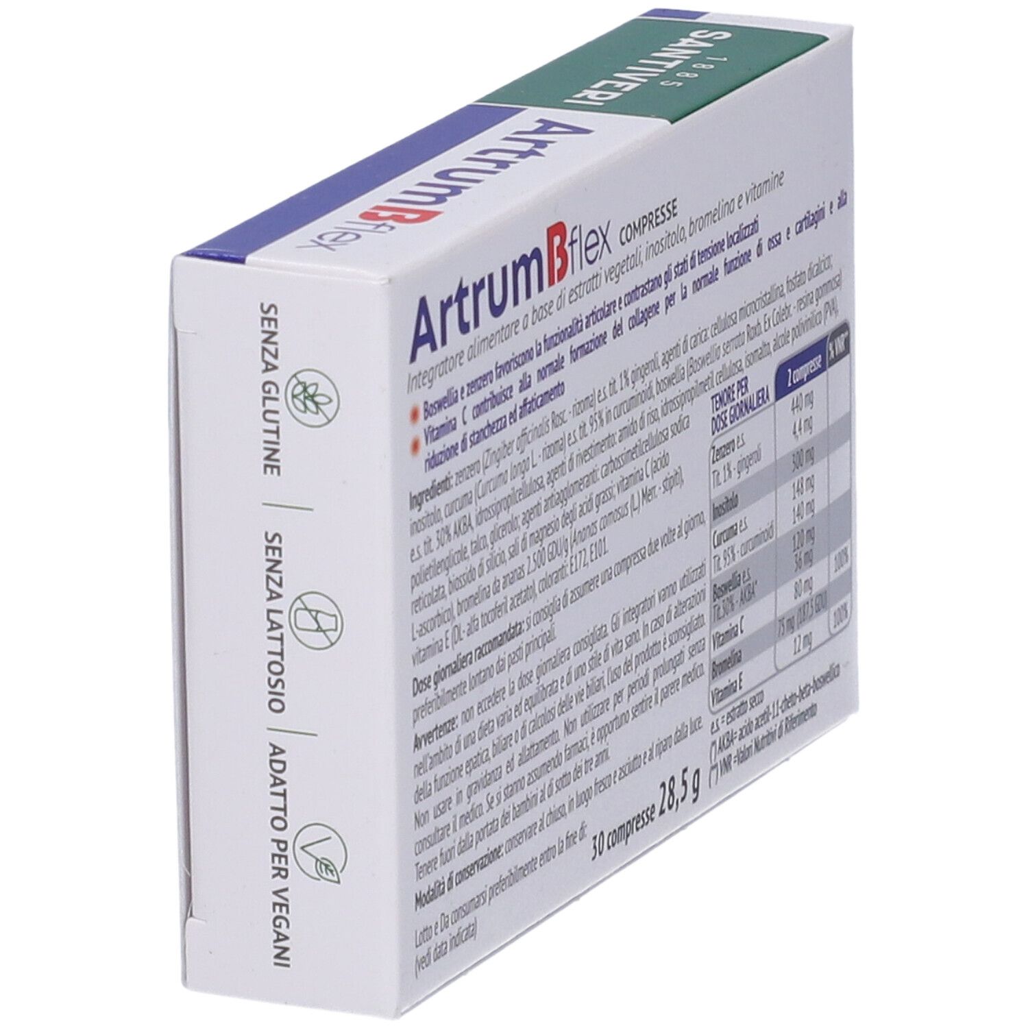 Vista angolata della scatola ArtrumB Flex Compresse. Contiene ingredienti e informazioni nutrizionali. Testo in italiano.