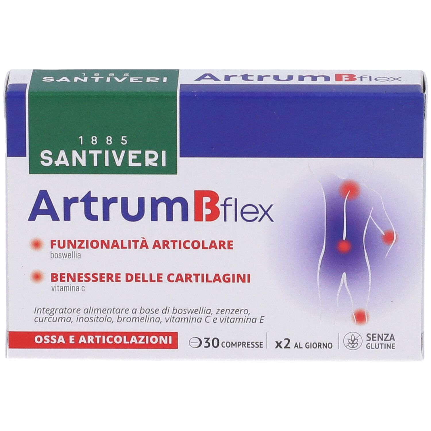 Scatola ArtrumB Flex Compresse. Confezione blu e verde con nome del prodotto e illustrazione delle articolazioni. 30 compresse.