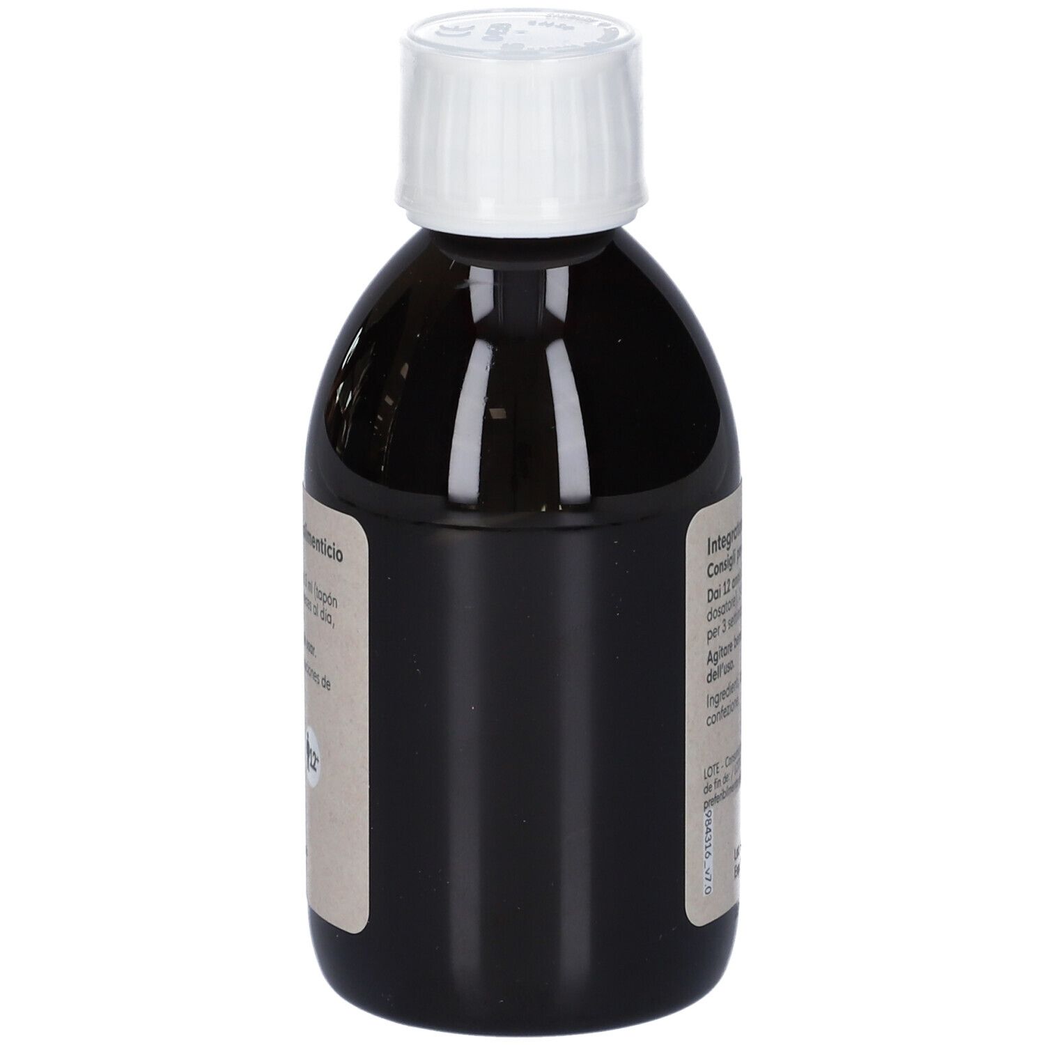 Flacone marrone con tappo bianco. Etichetta con testo.