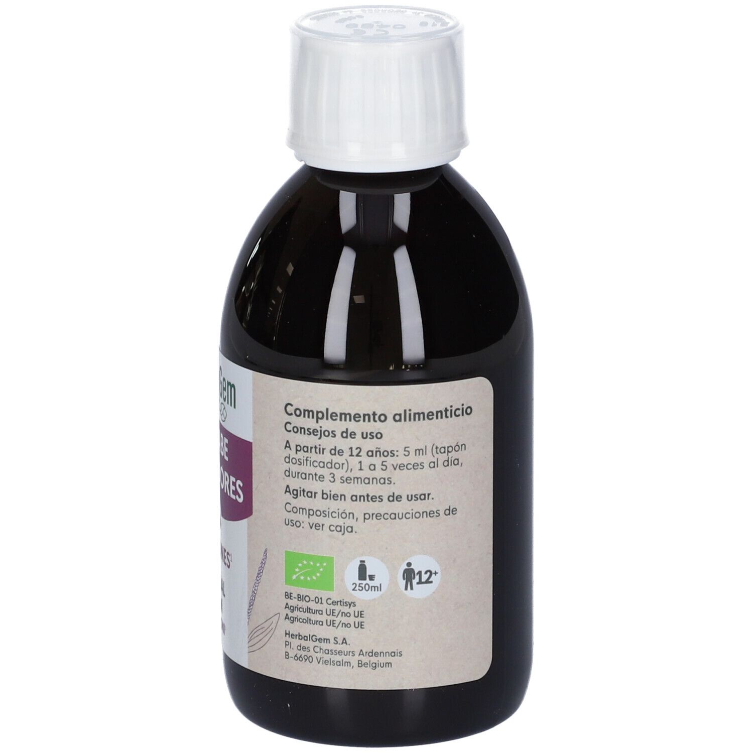 Flacone marrone con tappo bianco. Etichetta con testo: Complemento alimenticio, 250ml, 12+.