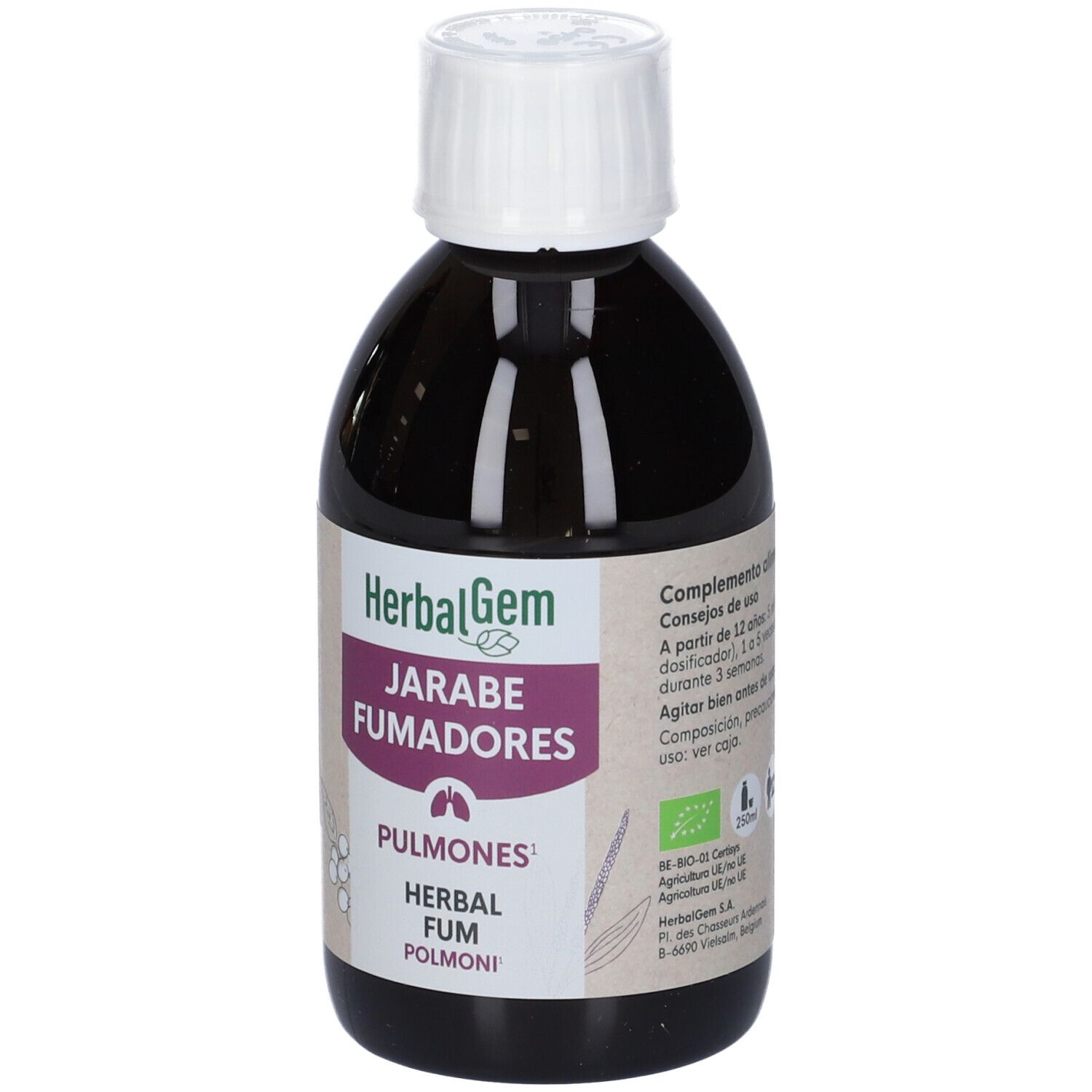 Flacone marrone con tappo bianco. Etichetta con testo: HerbalGem, Jarabe Fumadores, Pulmones, Herbal Fum, Polmoni.
