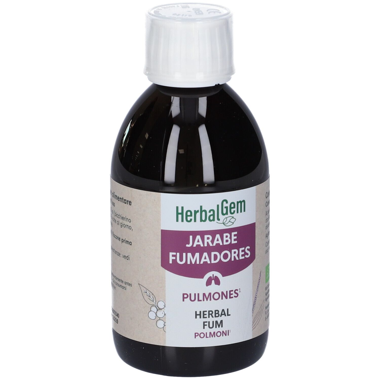 Flacone marrone con tappo bianco. Etichetta con testo: HerbalGem, Jarabe Fumadores, Pulmones, Herbal Fum, Polmoni.