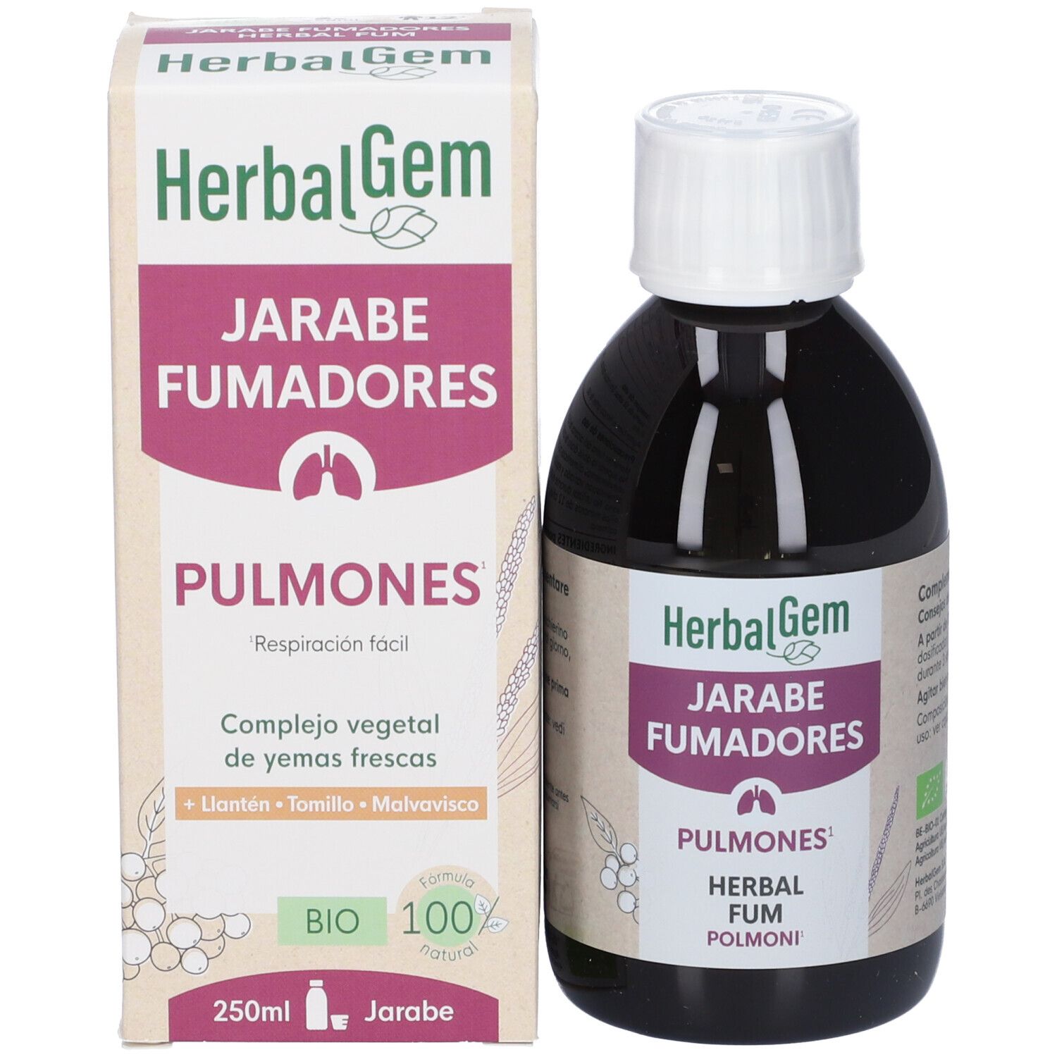 Flacone marrone e scatola. Sulla scatola: HerbalGem, Jarabe Fumadores, Pulmones, 250ml, Bio.
