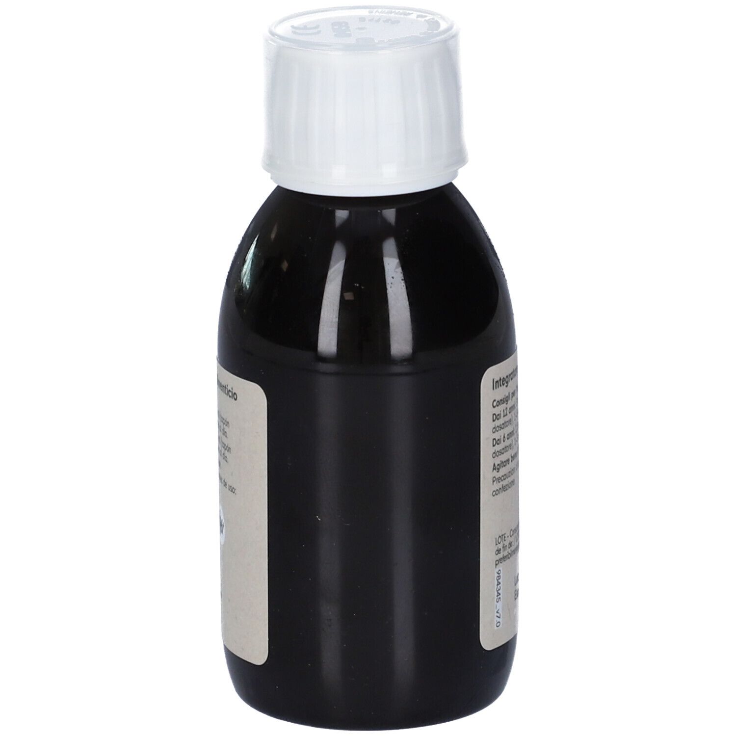 Flacone di vetro marrone con tappo bianco. Etichetta con testo. Vista laterale.