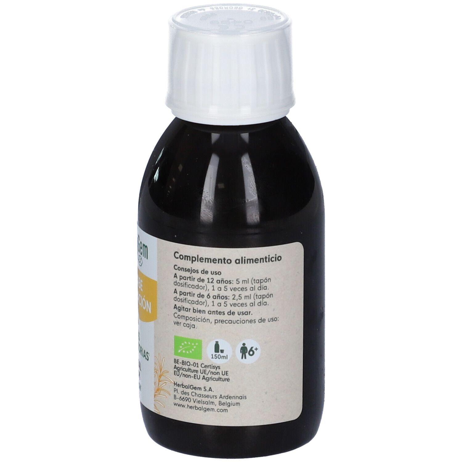 Flacone di vetro marrone con tappo bianco. Etichetta con testo in spagnolo. Sigillo bio e indicazione di età.