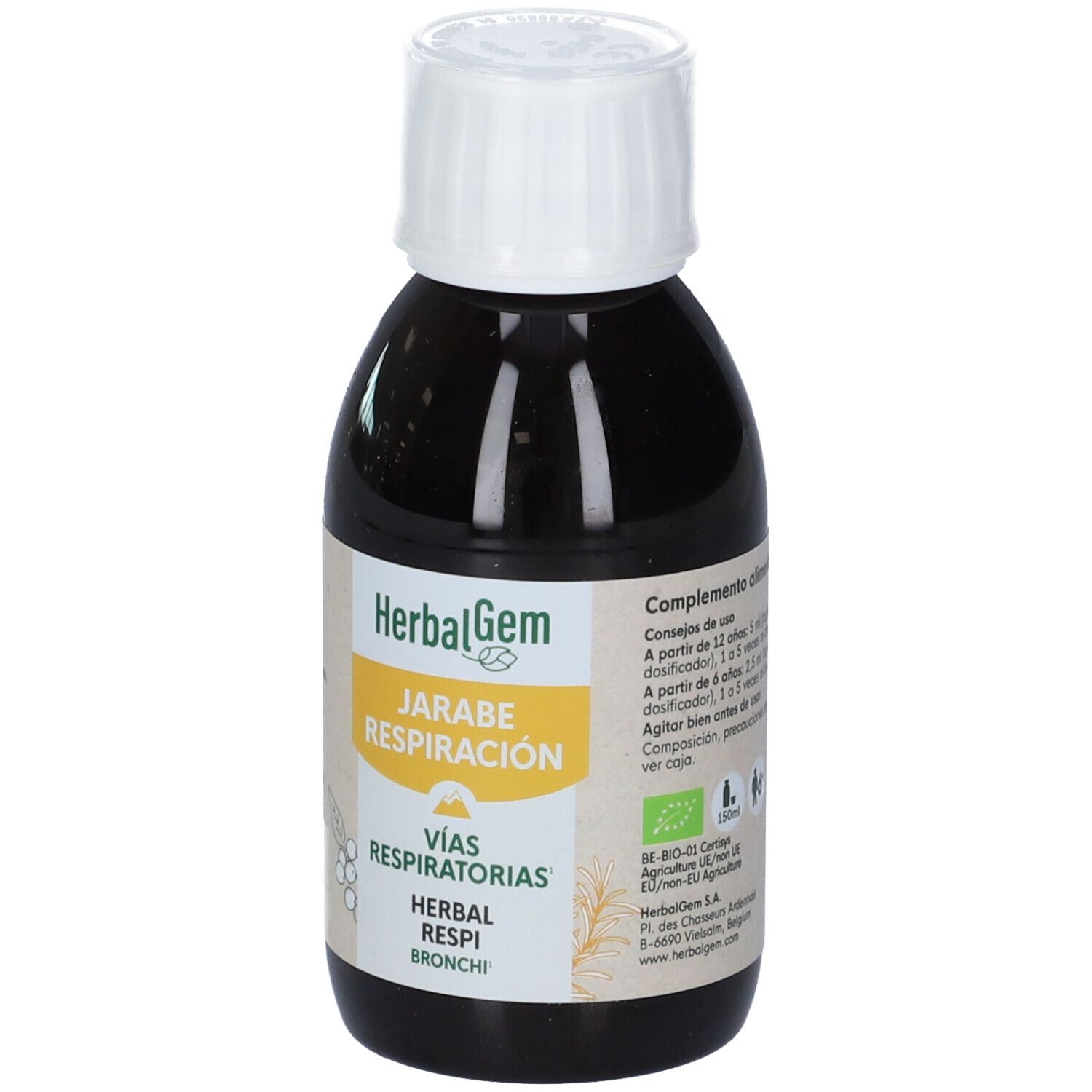 Flacone di vetro marrone con tappo bianco. Etichetta con nome del prodotto e testo in spagnolo. Sigillo bio.