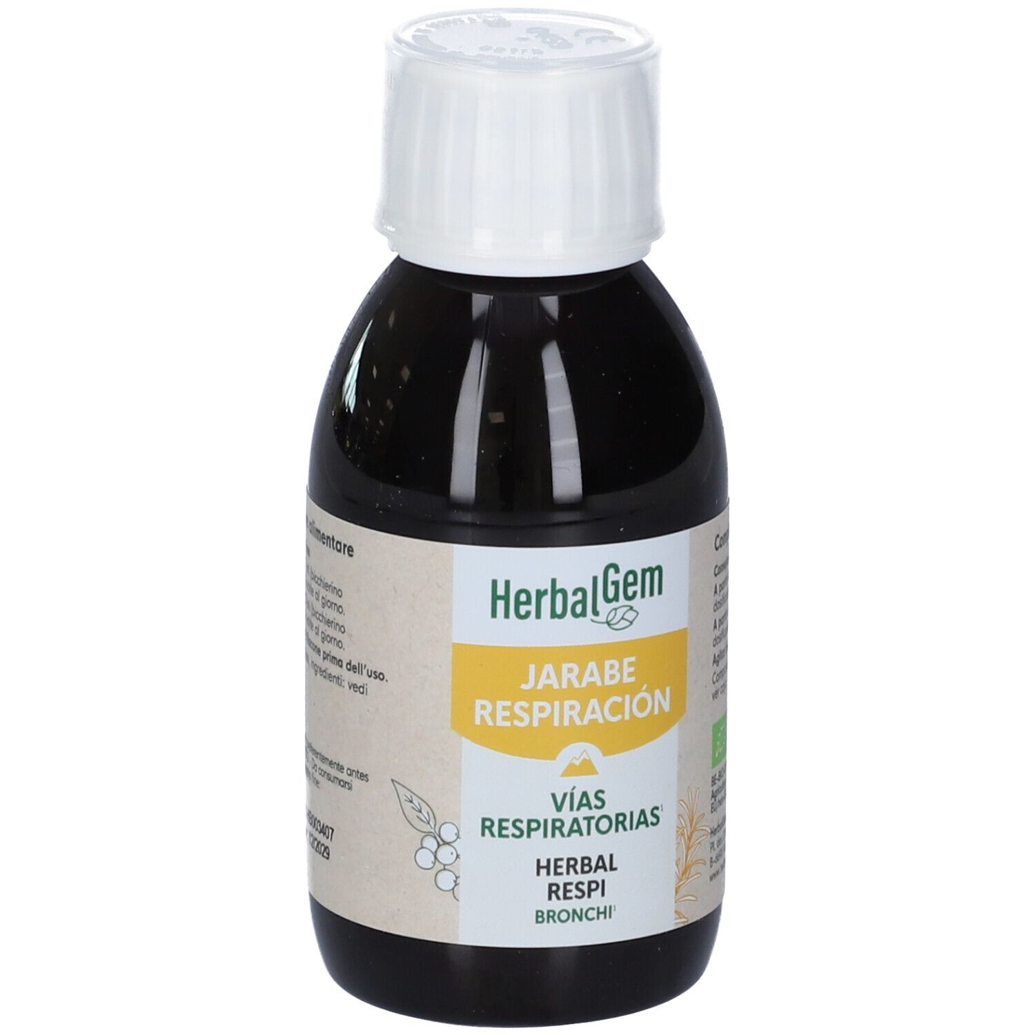 Flacone di vetro marrone con tappo bianco. Etichetta con nome del prodotto e testo in spagnolo. Sigillo bio.