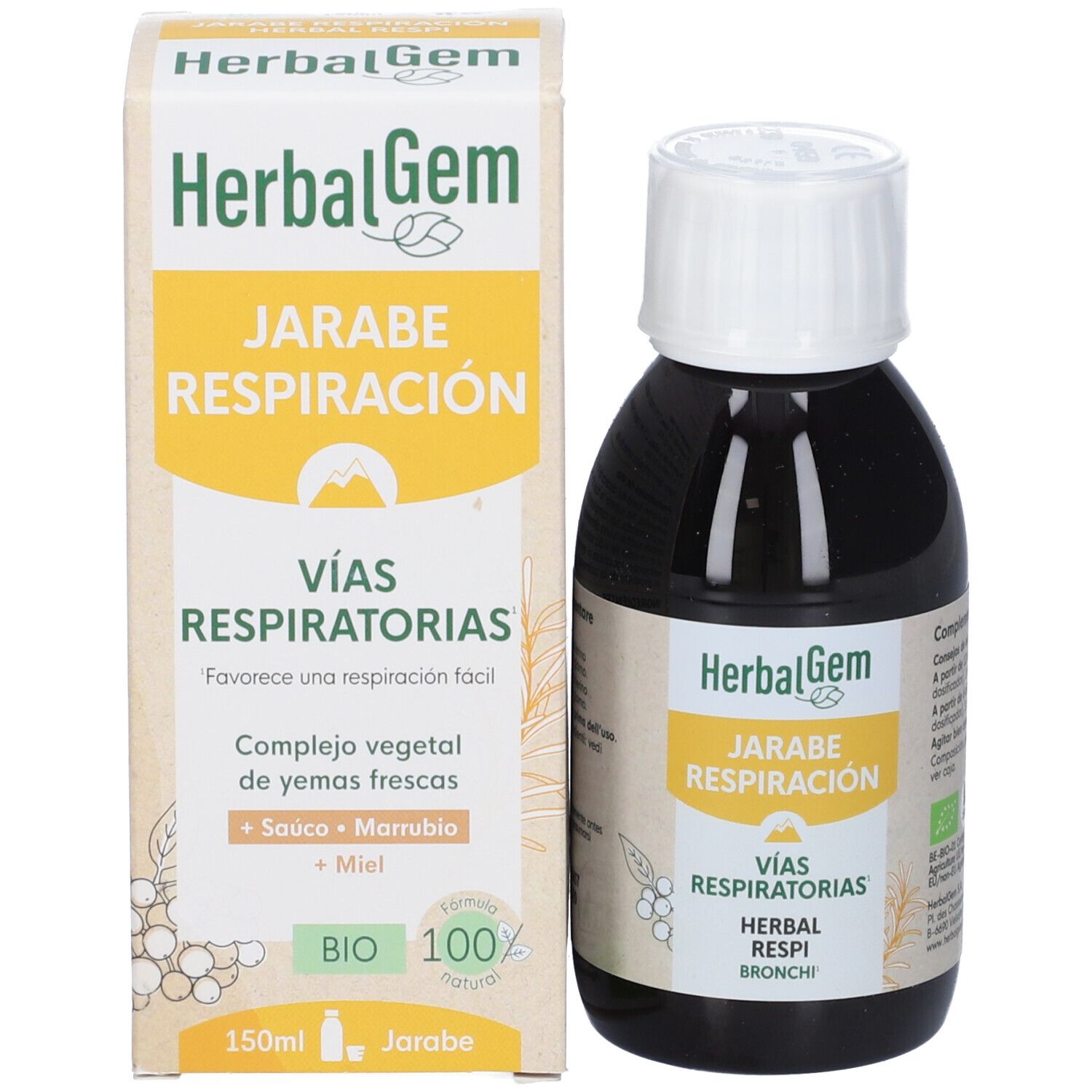 Flacone e confezione del prodotto. Flacone con tappo bianco, confezione con nome del prodotto e testo in spagnolo.