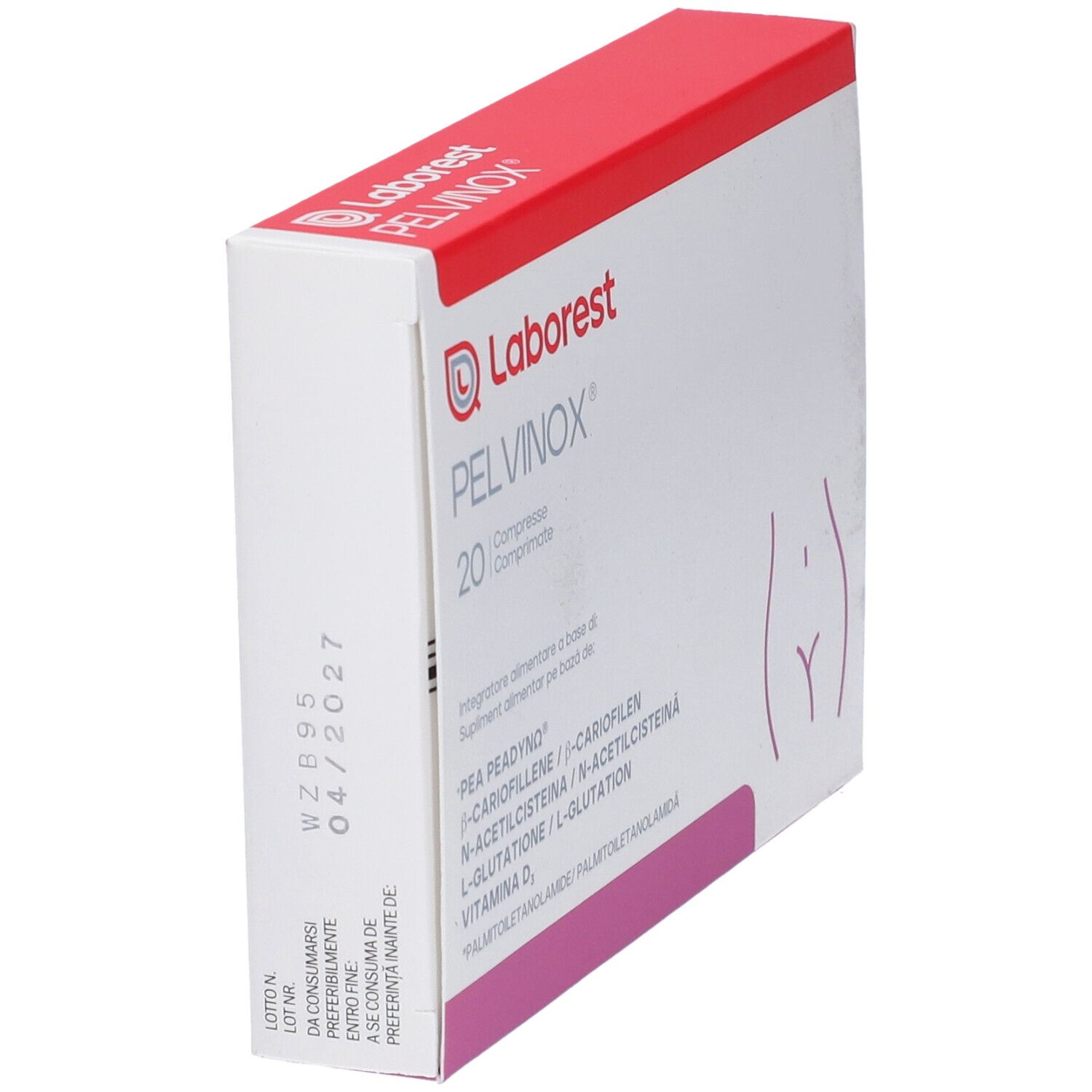 Vista laterale della confezione PELVINOX. Marchio Laborest. Scatola bianca con coperchio rosso. Stampa del nome e degli ingredienti.