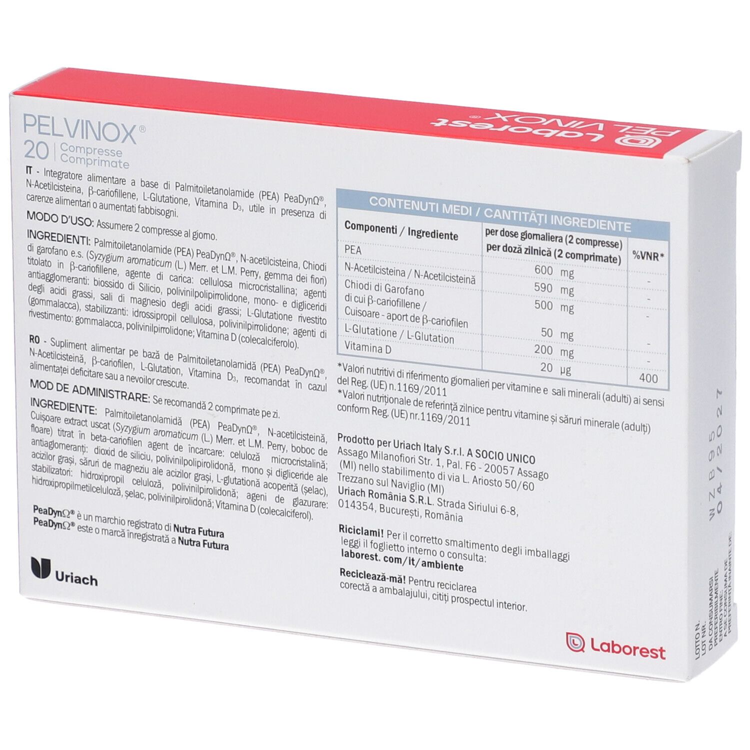 Retro della confezione PELVINOX. Marchio Laborest. Contiene ingredienti, dosaggio e informazioni produttore. Scatola bianca.