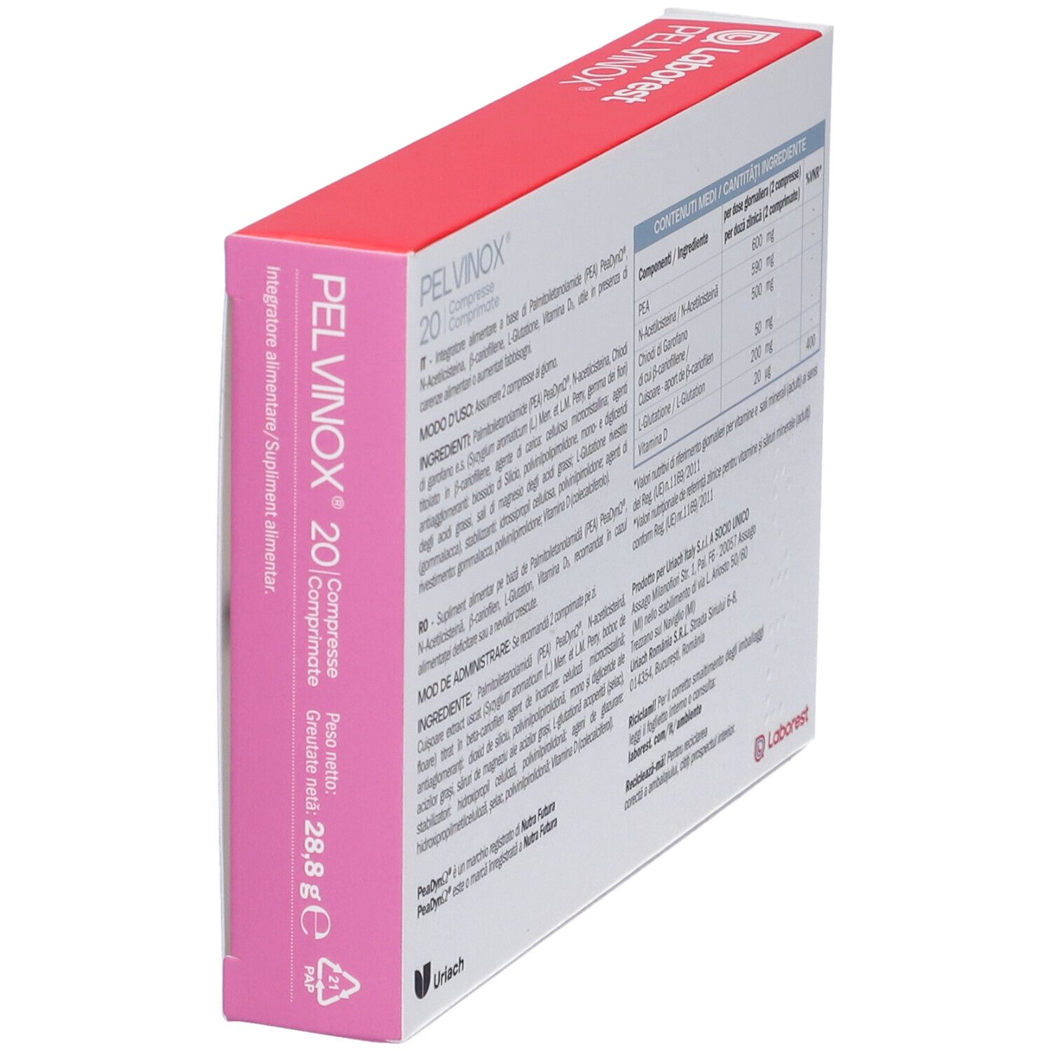 Vista obliqua della confezione PELVINOX. Marchio Laborest. Scatola bianca con coperchio rosso. Nome e ingredienti del prodotto.