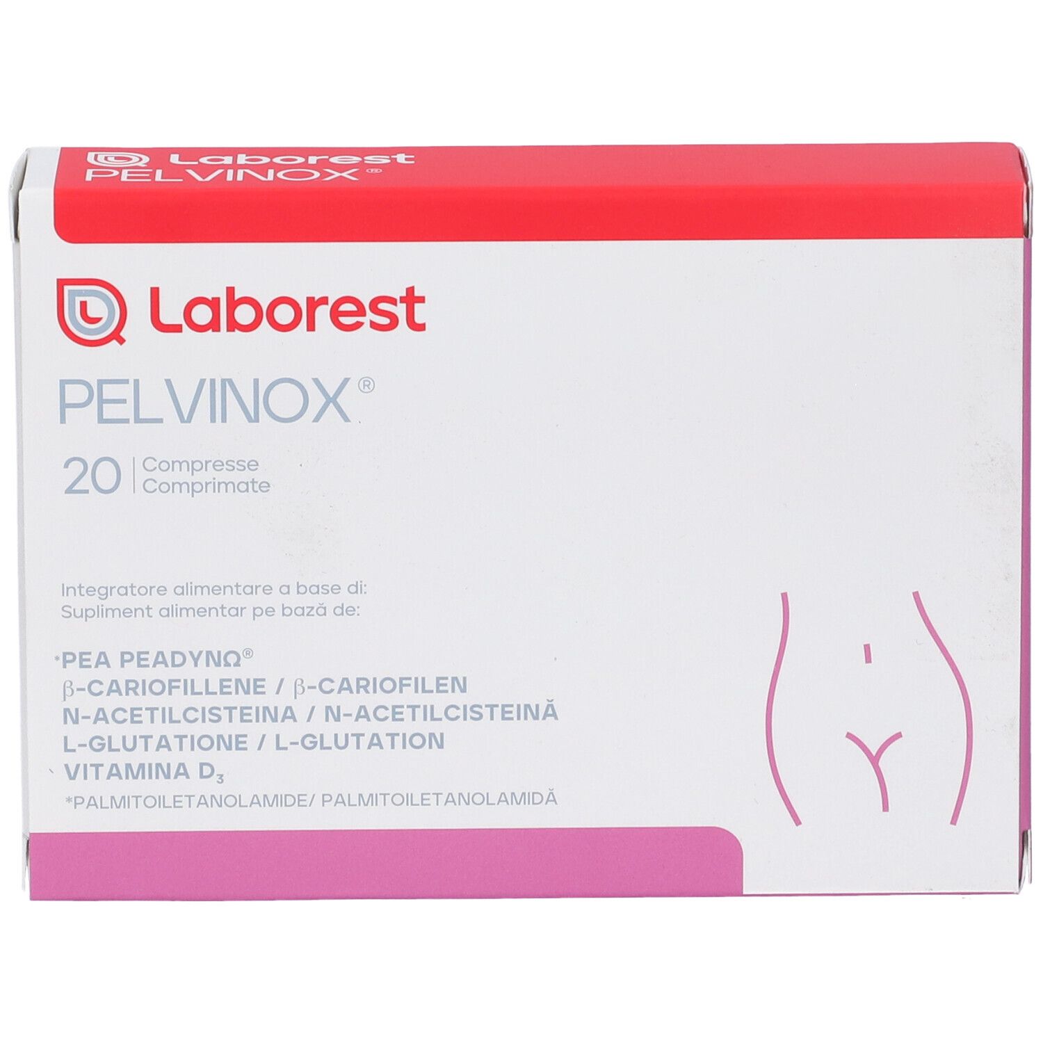 Vista frontale della confezione PELVINOX. Marchio Laborest. Scatola bianca con coperchio rosso. Nome, numero compresse e illustrazione.