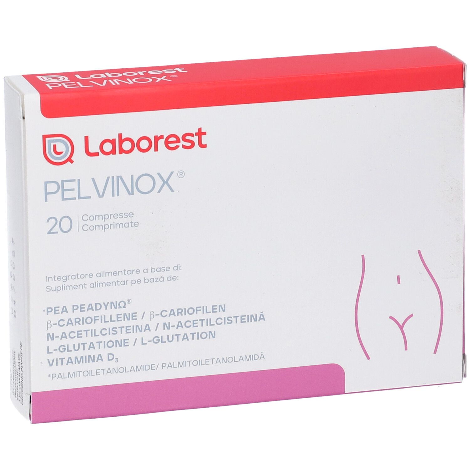 Vista frontale della confezione PELVINOX. Marchio Laborest. Scatola bianca con coperchio rosso. Nome, numero compresse e ingredienti.