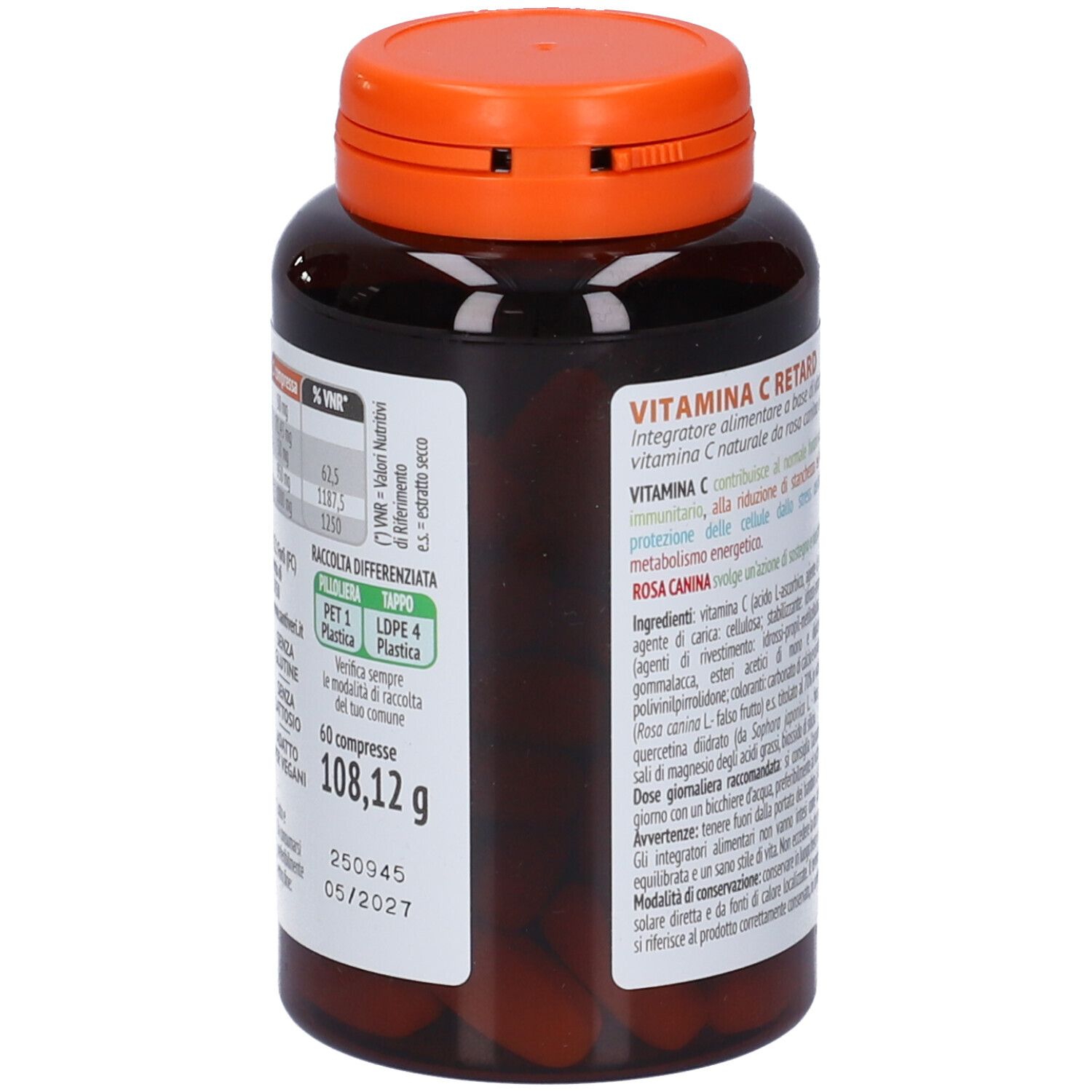 Retro del flacone. Testo su valori nutrizionali e ingredienti. 60 compresse. Peso: 108,12 g. Scadenza 05/2027.