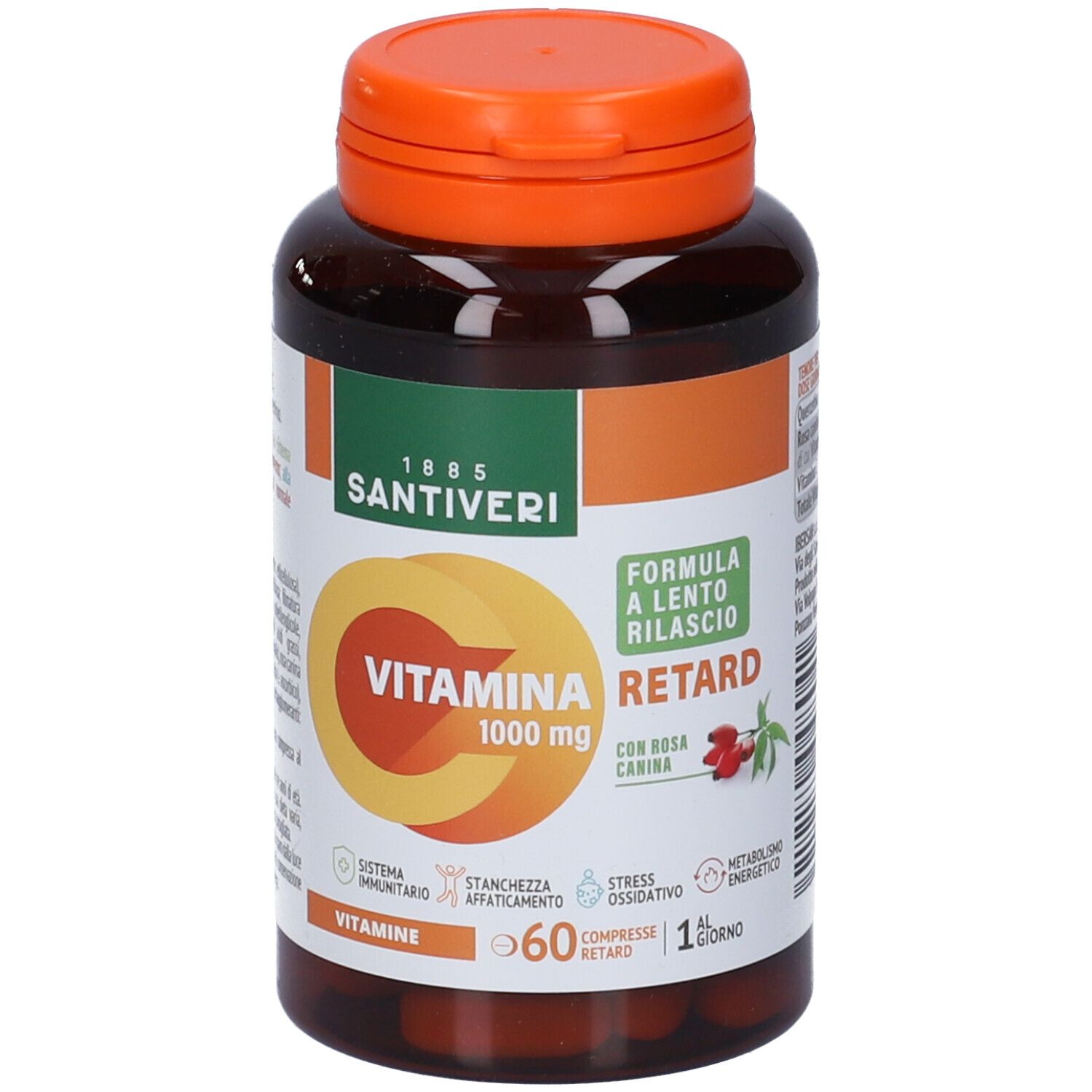 Flacone marrone con tappo arancione. Scritta: Vitamina C Retard 1000 mg. Marca: Santiveri. 60 compresse.