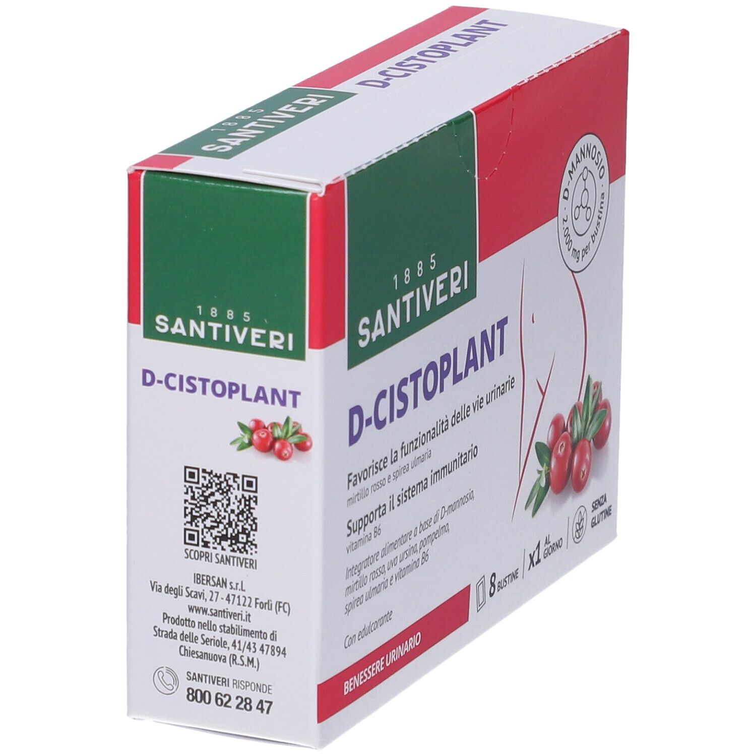 Scatola D-Cistoplant Bustine, angolata. Rossa e bianca, logo e nome del prodotto. Illustrazione di mirtilli rossi.