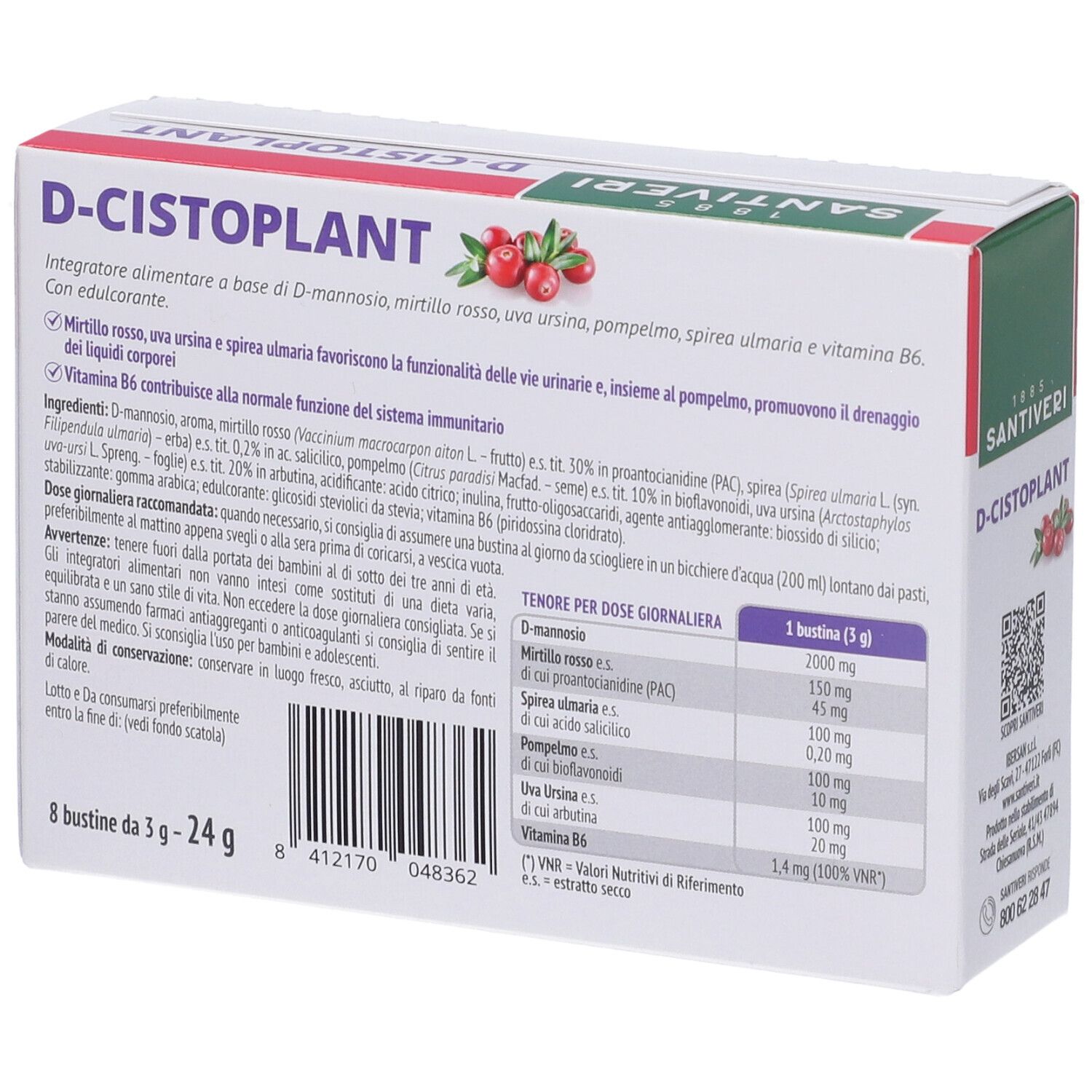 Scatola D-Cistoplant Bustine, retro. Testo con ingredienti e informazioni nutrizionali. 8 bustine.