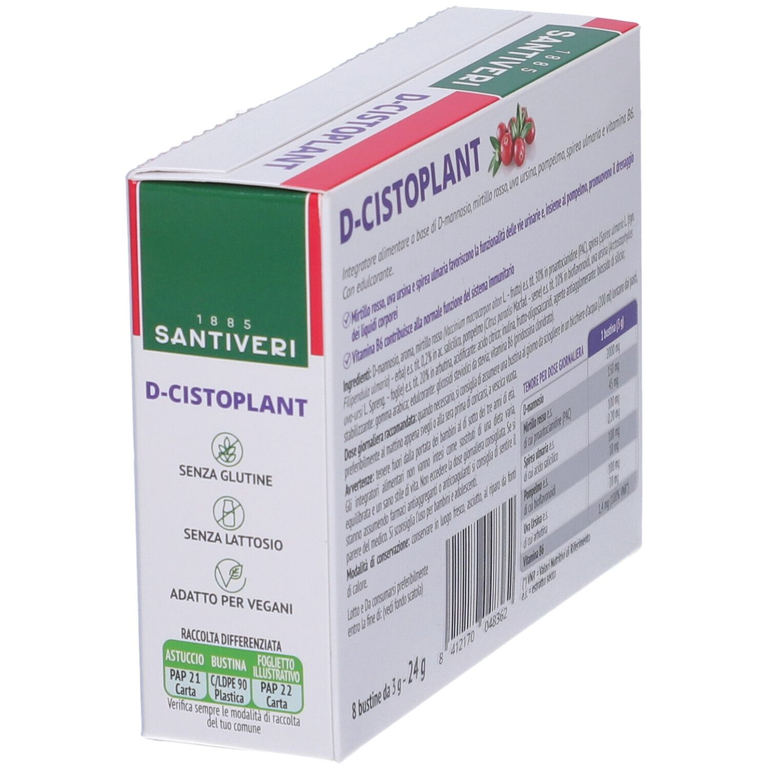 Scatola D-Cistoplant Bustine, lato. Testo con ingredienti e certificazioni. 8 bustine.