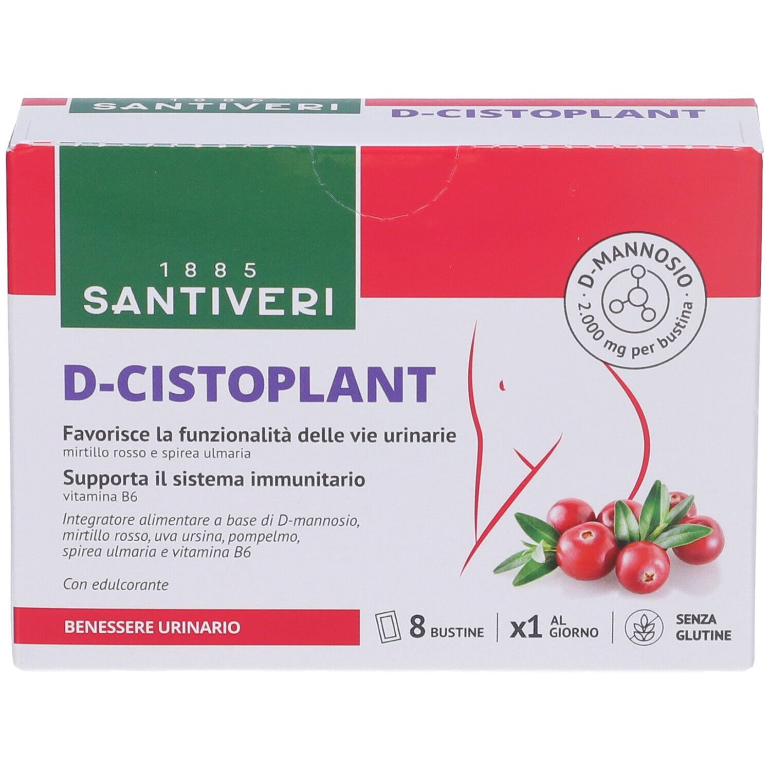 Scatola D-Cistoplant Bustine. Rossa e bianca, nome e logo del prodotto. Illustrazione di mirtilli rossi.